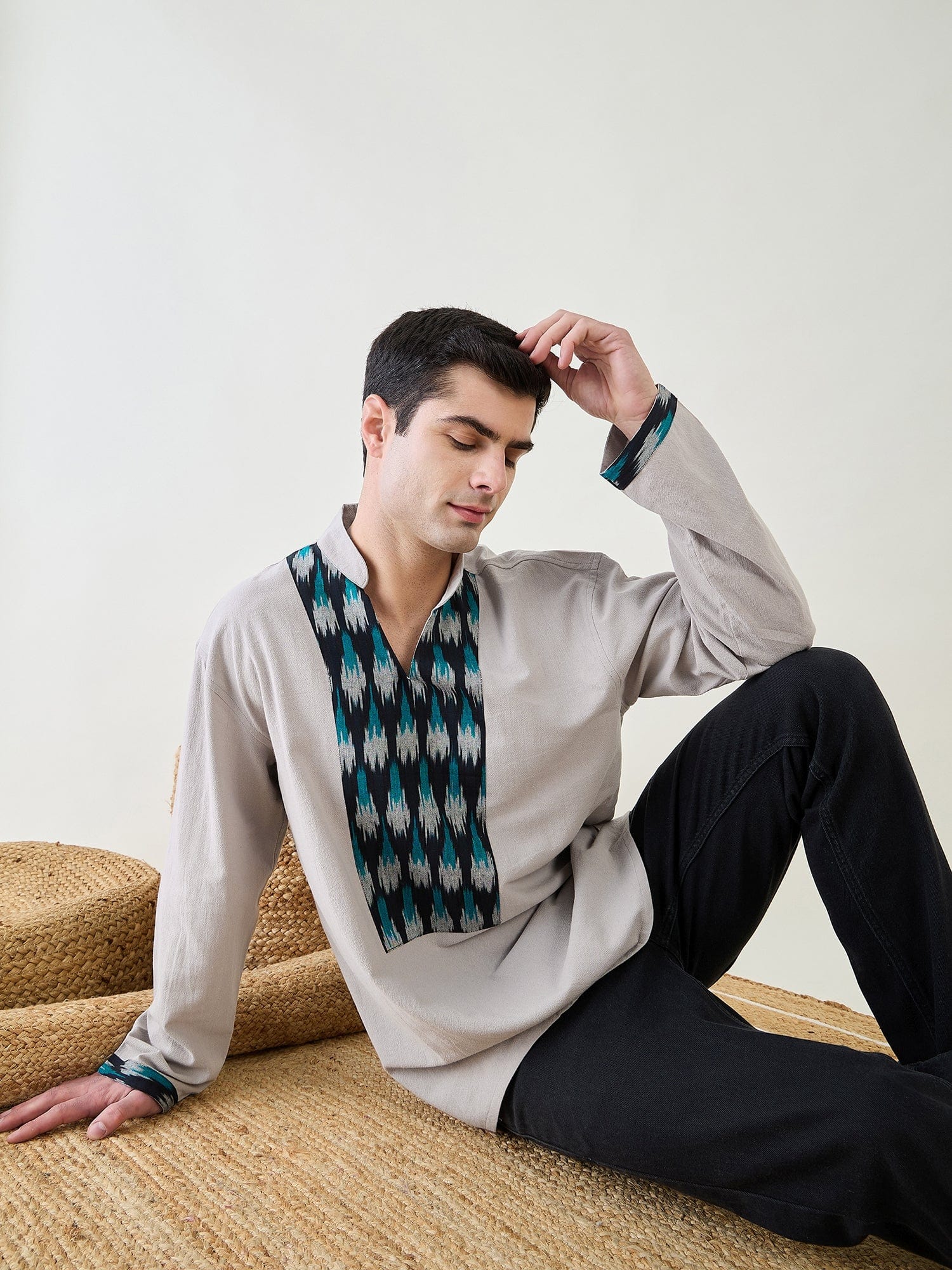 The Kaftan Company Kurta Mens Grey Ikat Short Kurta