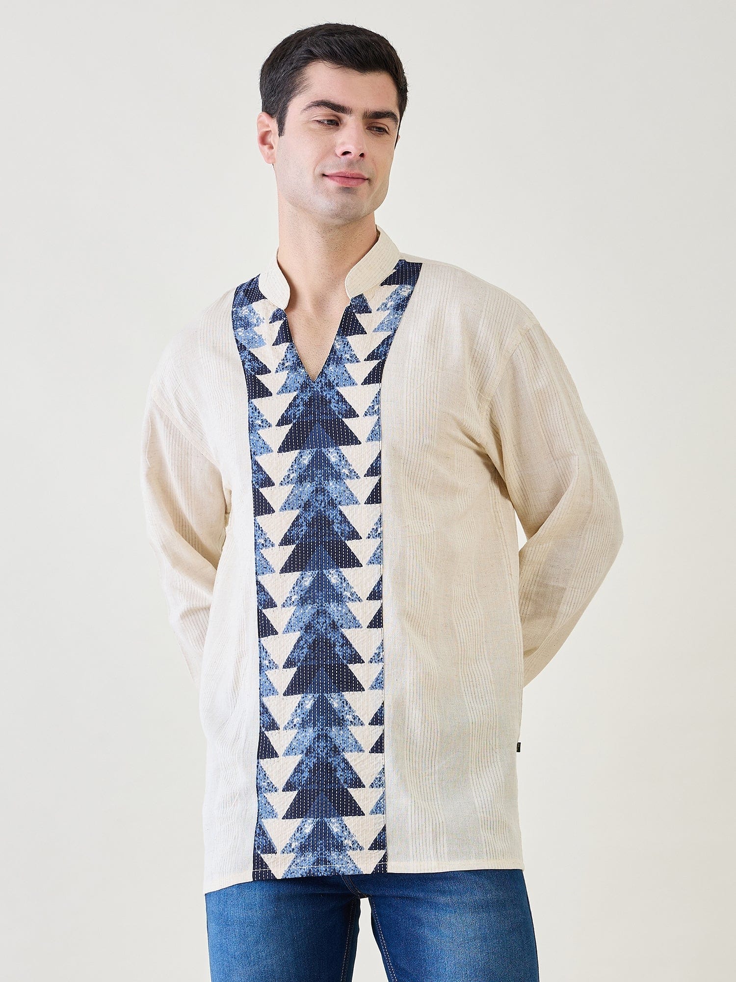 The Kaftan Company Kurta Mens Off-White and Blue Cotton Short Kurta
