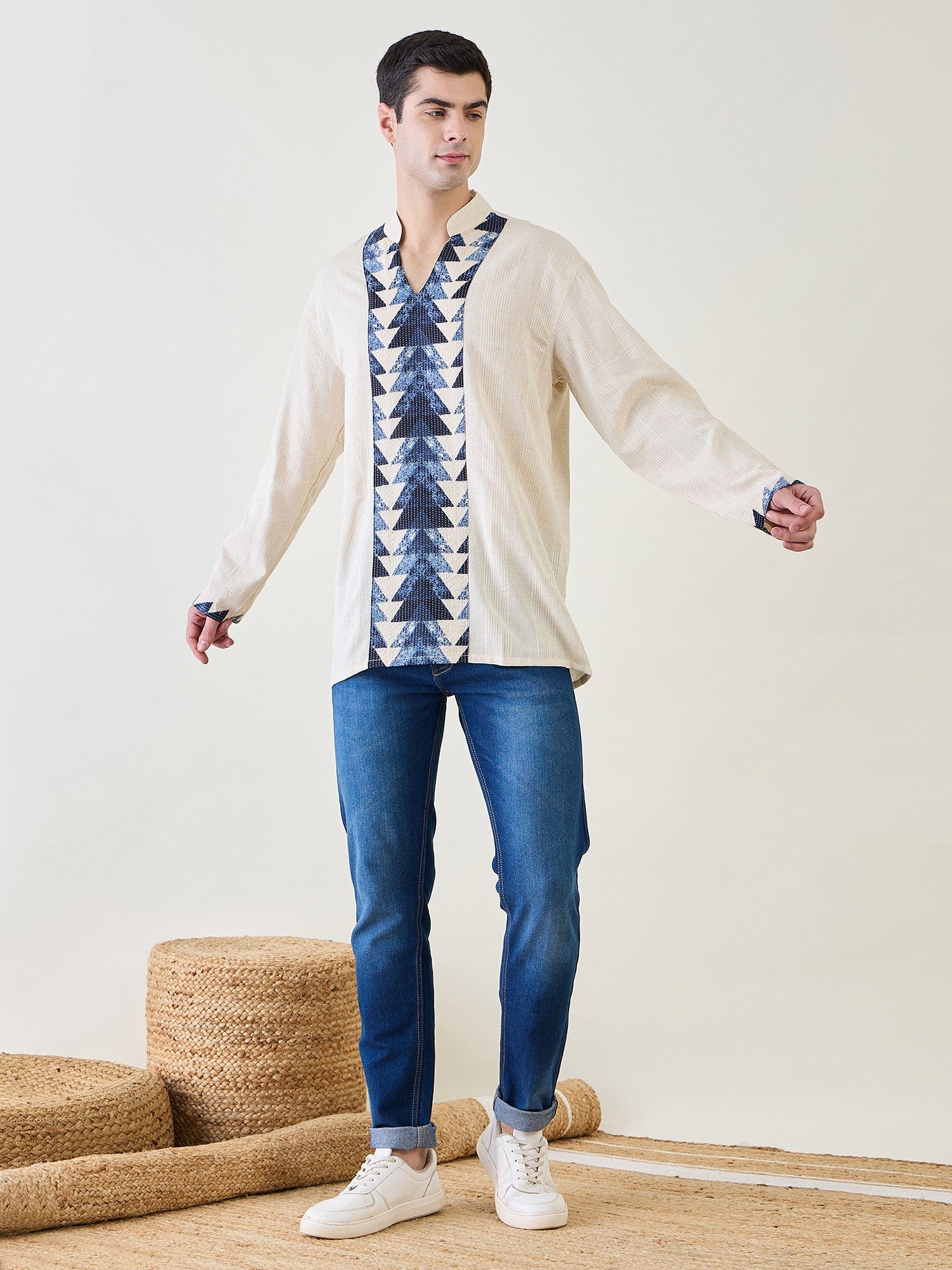 The Kaftan Company Kurta Mens Off-White and Blue Cotton Short Kurta