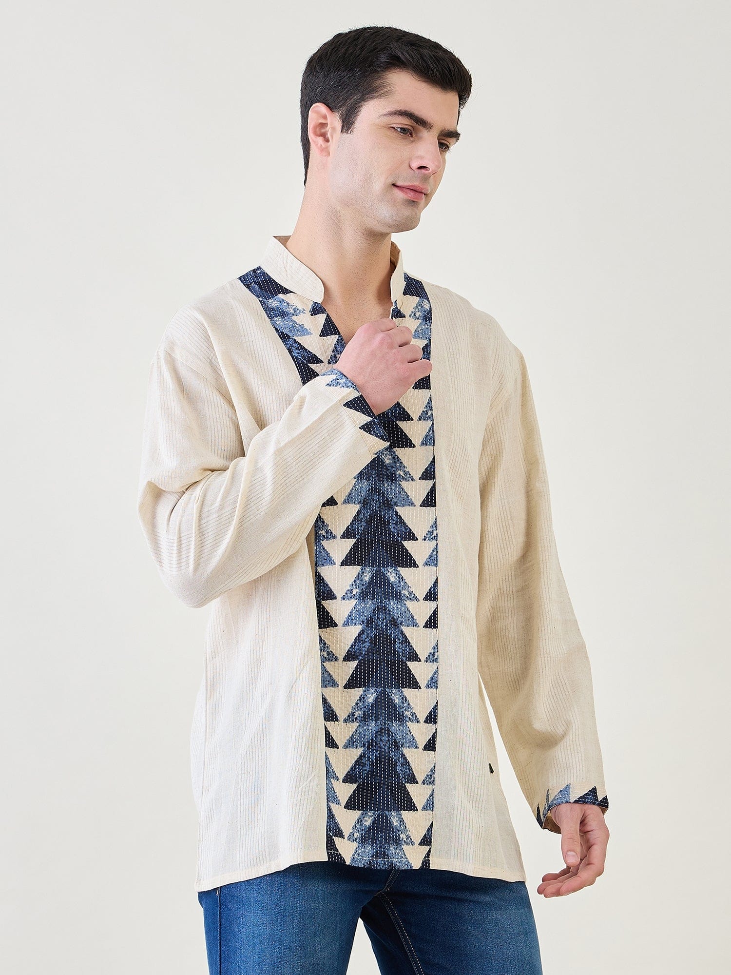 The Kaftan Company Kurta Mens Off-White and Blue Cotton Short Kurta
