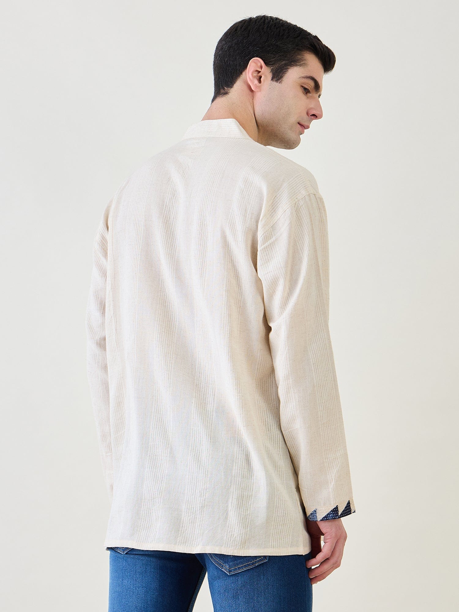 The Kaftan Company Kurta Mens Off-White and Blue Cotton Short Kurta