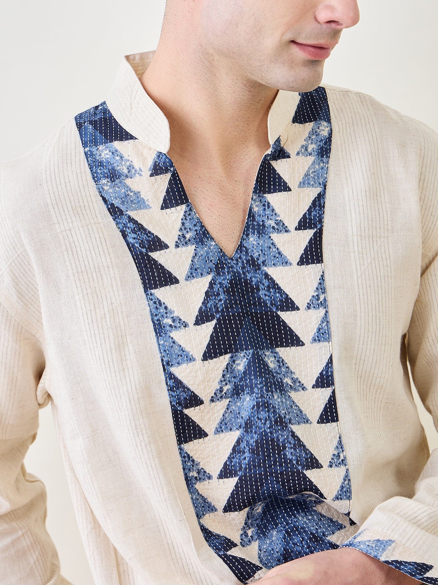 The Kaftan Company Kurta Mens Off-White and Blue Cotton Short Kurta