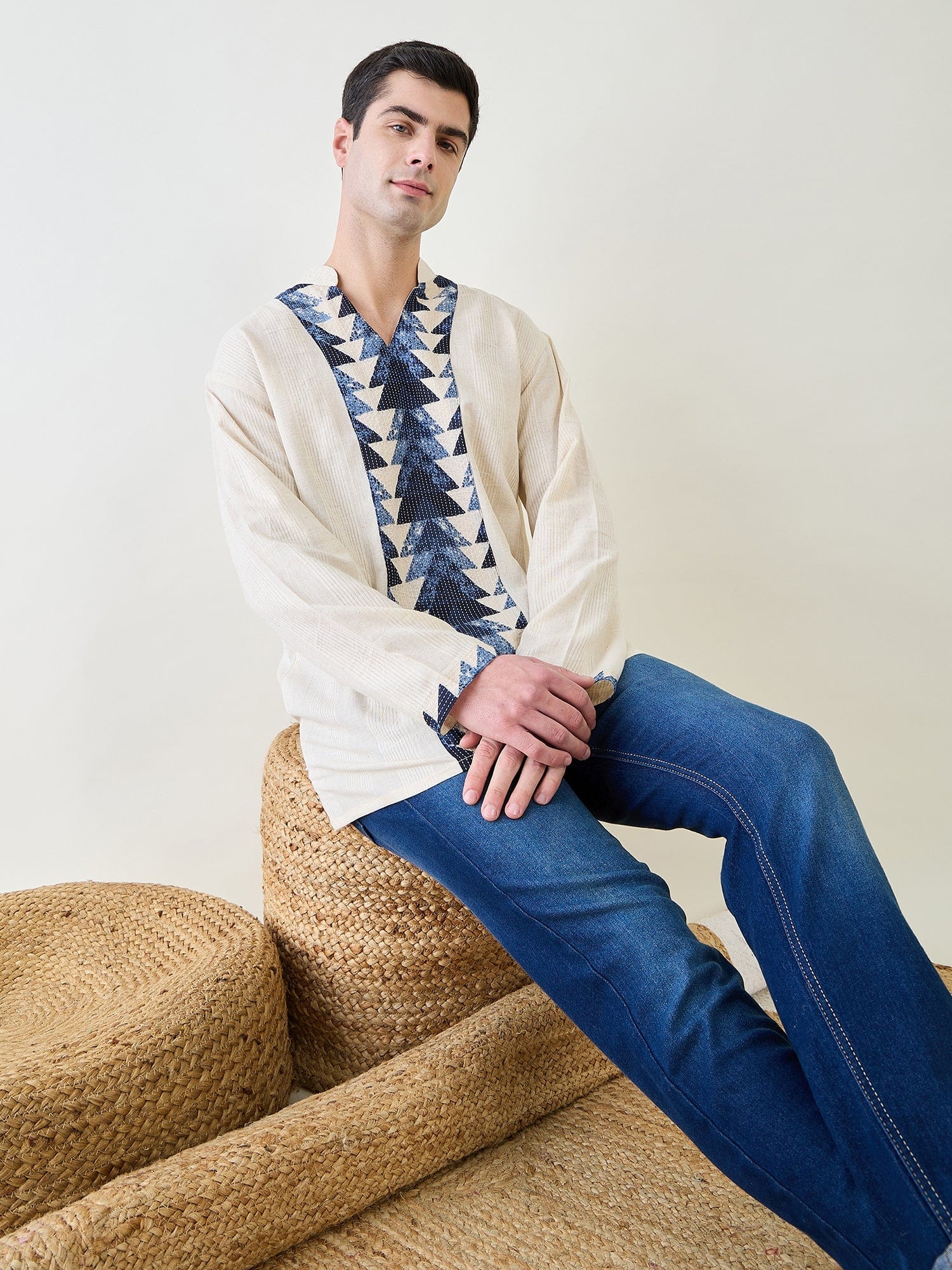 The Kaftan Company Kurta Mens Off-White and Blue Cotton Short Kurta