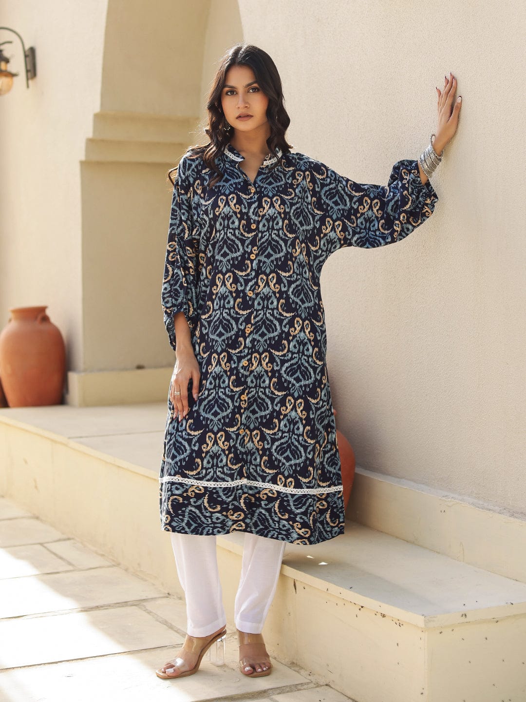 The Kaftan Company Kurta Navy Ikat Print Viscose Kurta with Lace Detail
