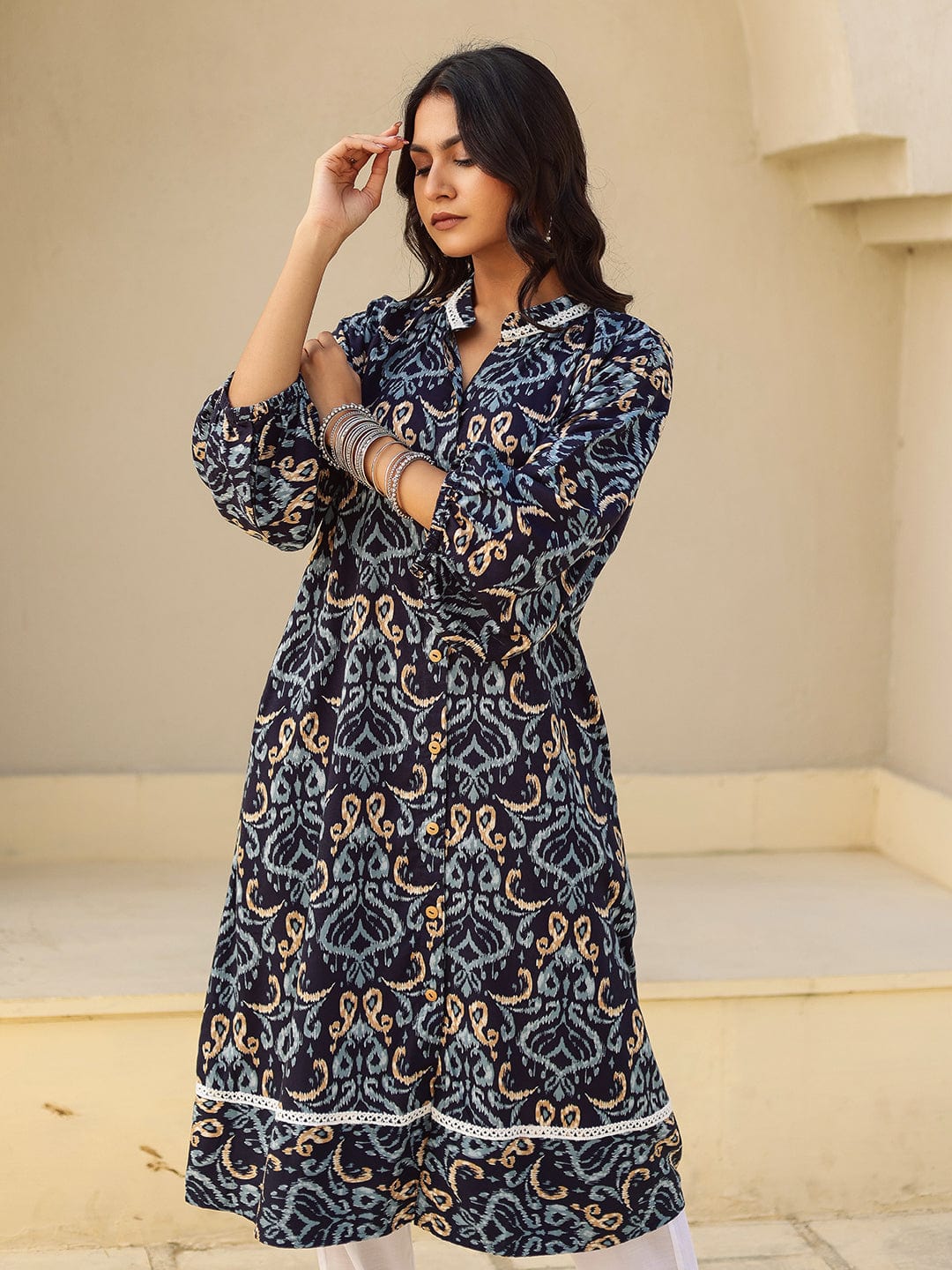 The Kaftan Company Kurta Navy Ikat Print Viscose Kurta with Lace Detail