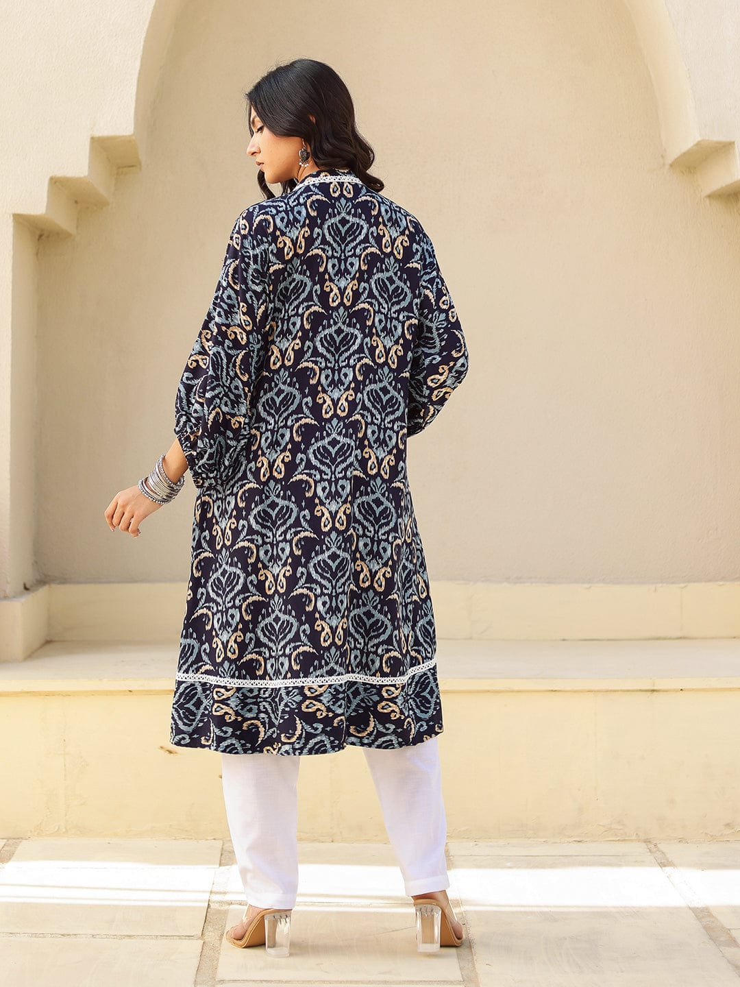 The Kaftan Company Kurta Navy Ikat Print Viscose Kurta with Lace Detail