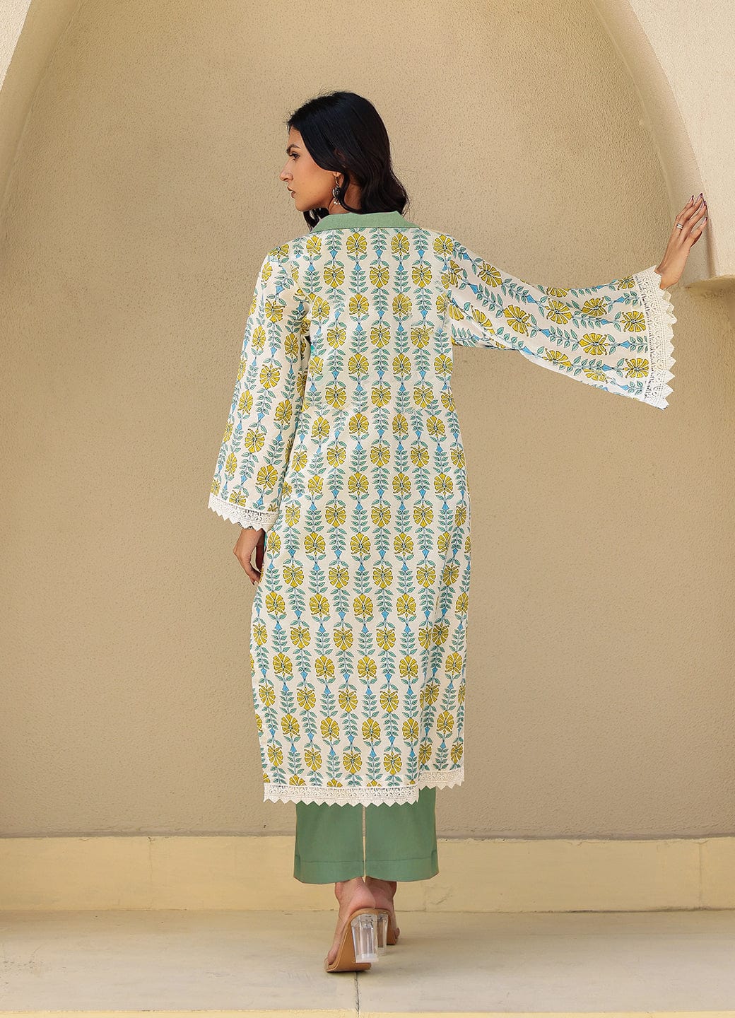 The Kaftan Company Kurta Off White Block Print Cotton Kurta With Lace Trim