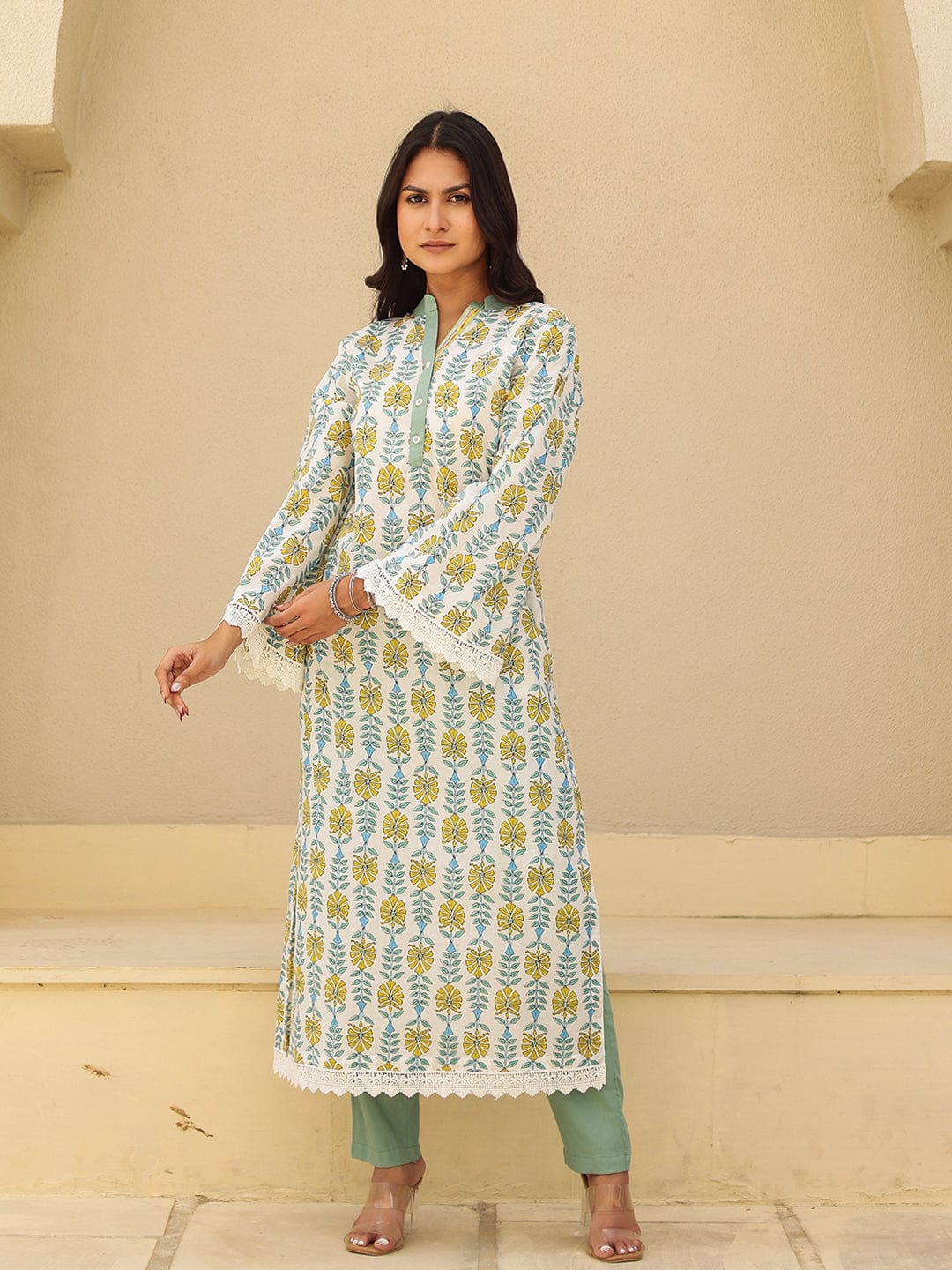 The Kaftan Company Kurta Off White Block Print Cotton Kurta With Lace Trim