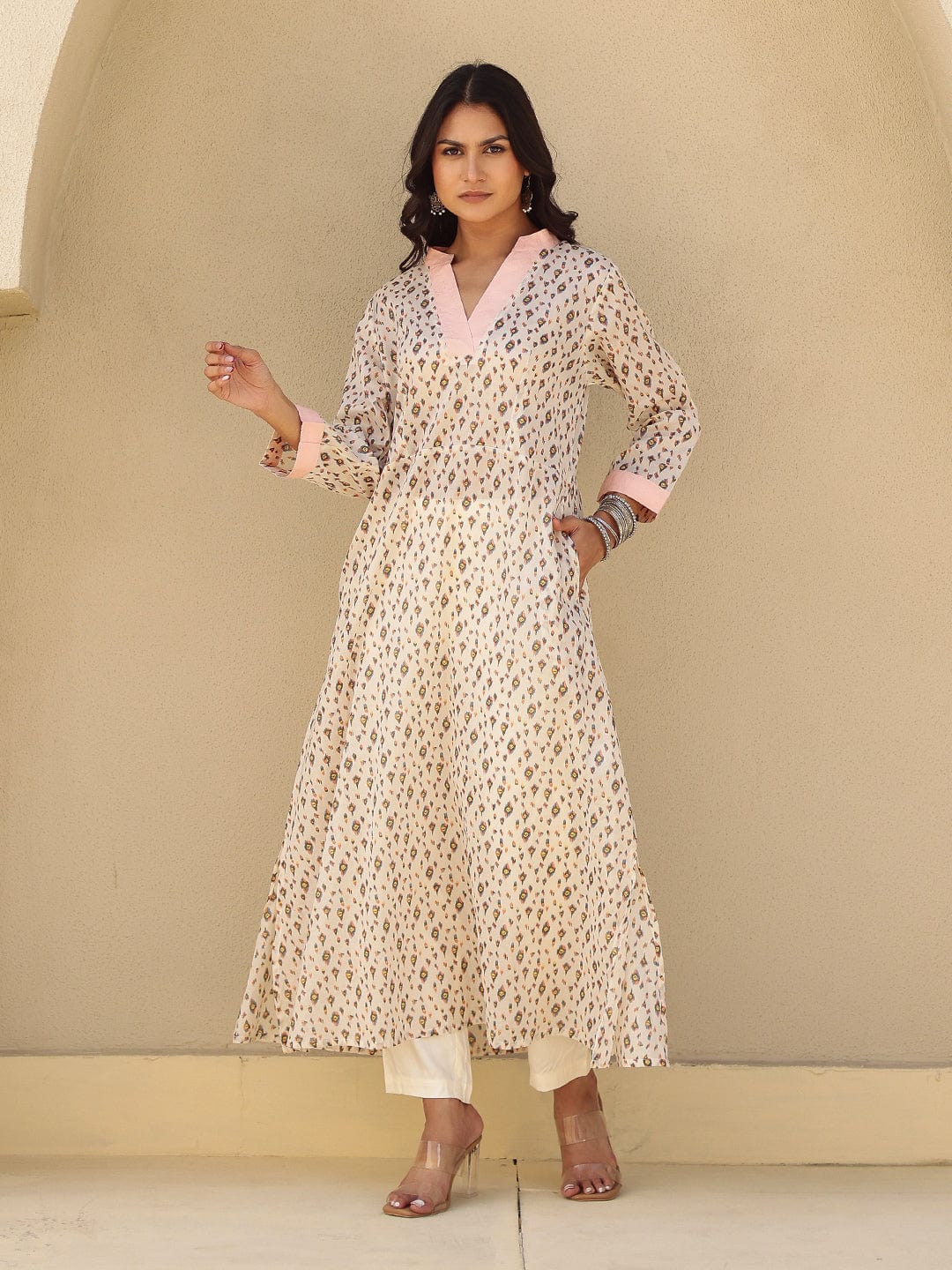 The Kaftan Company Kurta Off White Printed A-Line Cotton Kurta with Pink Contrast