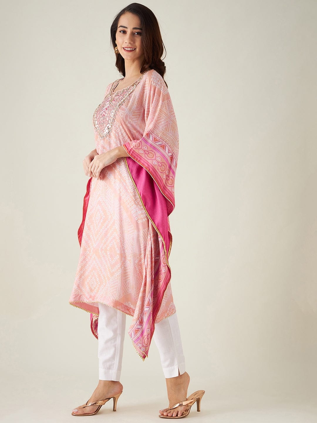 The Kaftan Company Kurta Pastel Pink Bandhani Embroidered Yoke Kaftan (Final nosale)