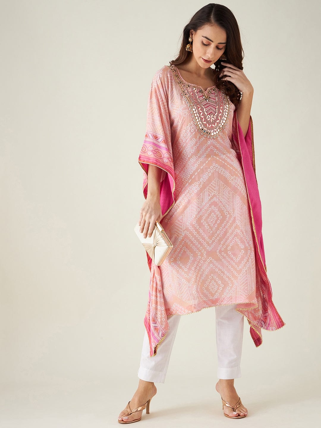 The Kaftan Company Kurta Pastel Pink Bandhani Embroidered Yoke Kaftan (Final nosale)