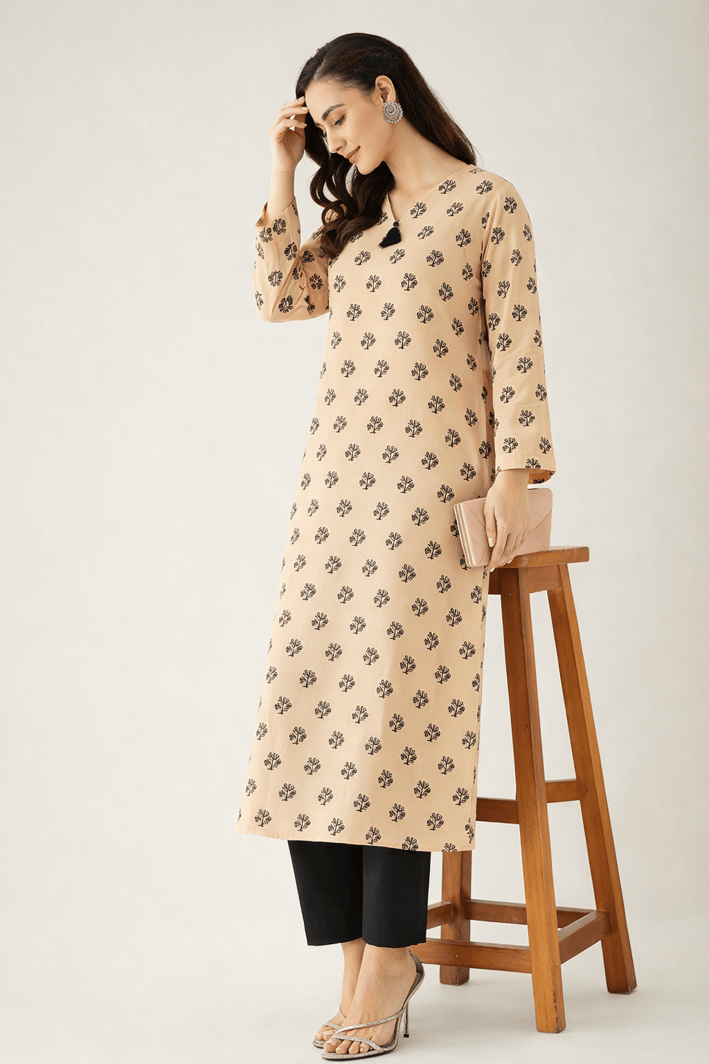 The Kaftan Company Kurta Peach Buta Print Cotton Viscose Kurta with Tassel Neck Detail
