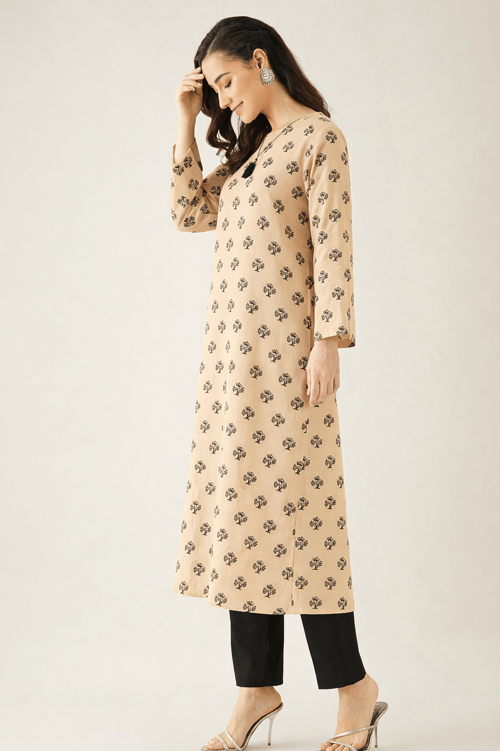 The Kaftan Company Kurta Peach Buta Print Cotton Viscose Kurta with Tassel Neck Detail