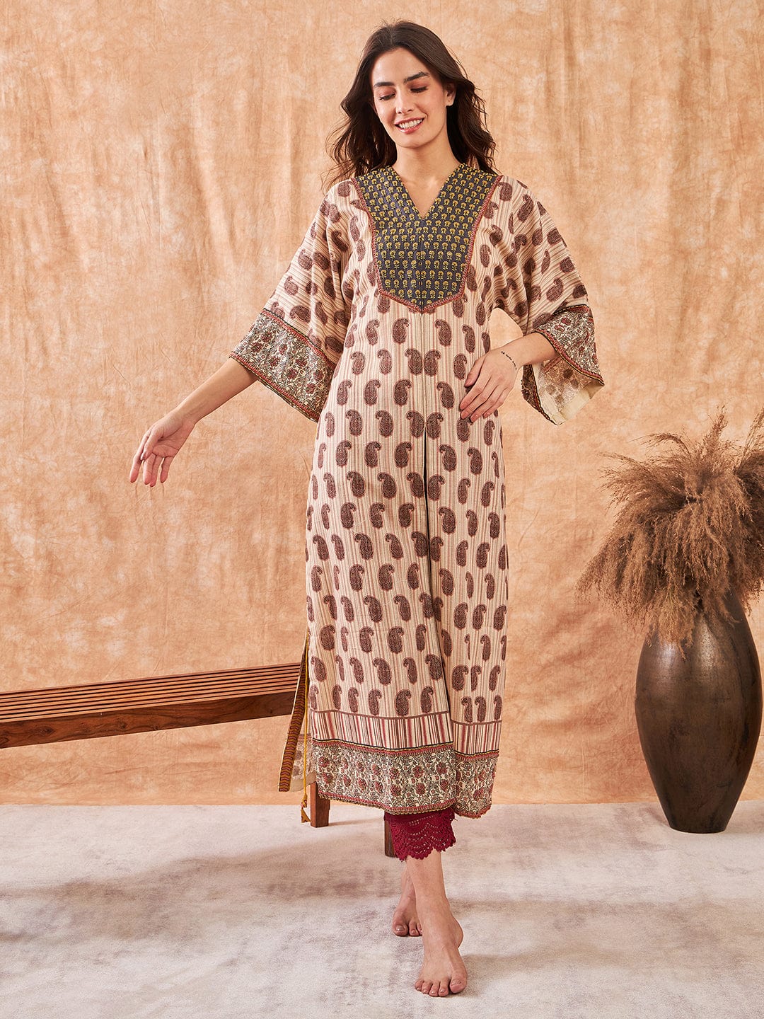 The Kaftan Company Kurta Red Artisan Striped Hand Embroidered Kurta