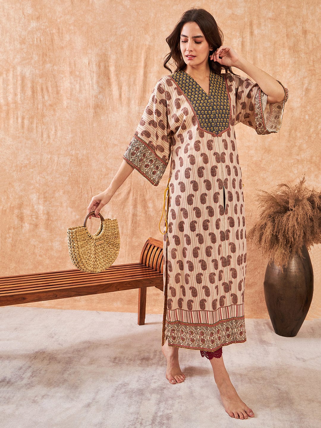 The Kaftan Company Kurta Red Artisan Striped Hand Embroidered Kurta