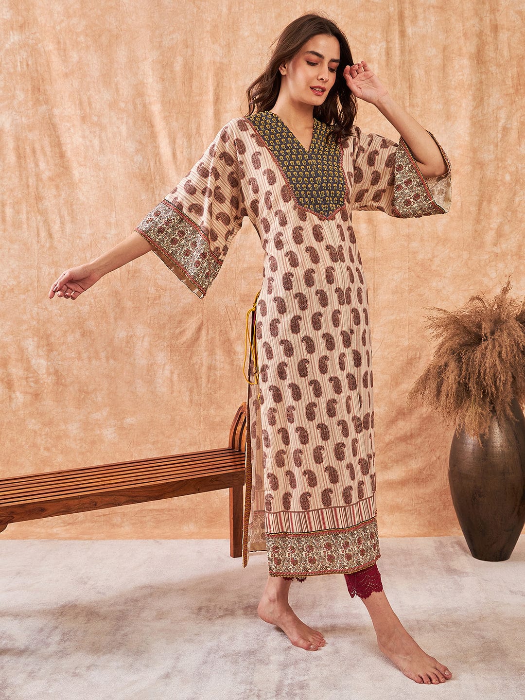 The Kaftan Company Kurta Red Artisan Striped Hand Embroidered Kurta