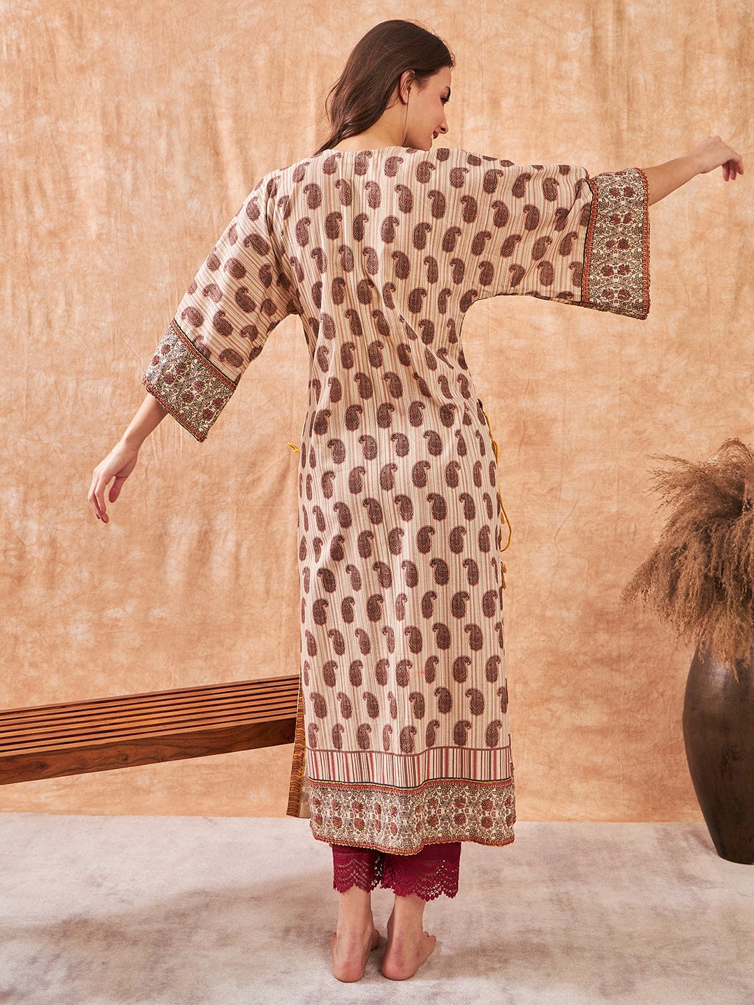 The Kaftan Company Kurta Red Artisan Striped Hand Embroidered Kurta