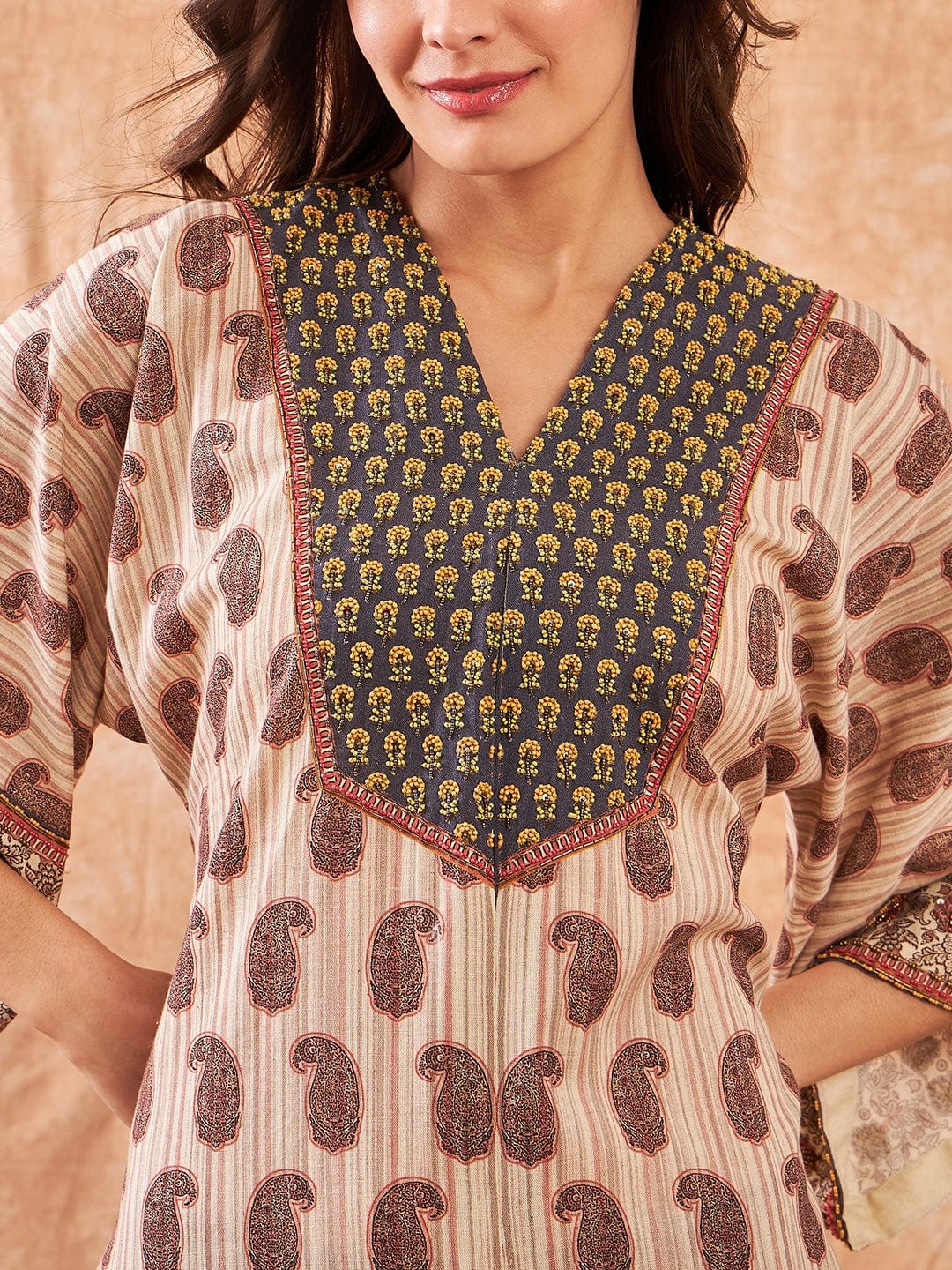 The Kaftan Company Kurta Red Artisan Striped Hand Embroidered Kurta