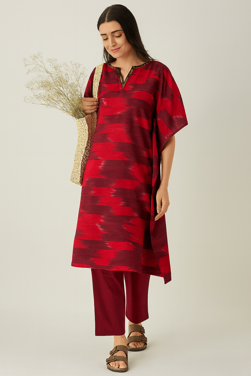 The Kaftan Company Kurta Red Ikat Cotton Kaftan Kurta