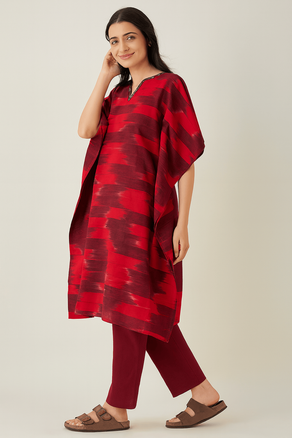 The Kaftan Company Kurta Red Ikat Cotton Kaftan Kurta