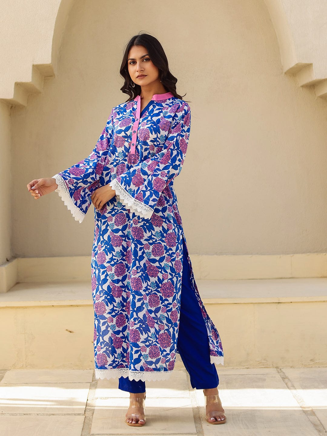 The Kaftan Company Kurta Royal Blue Floral Print Cotton Kurta with Contrast Placket