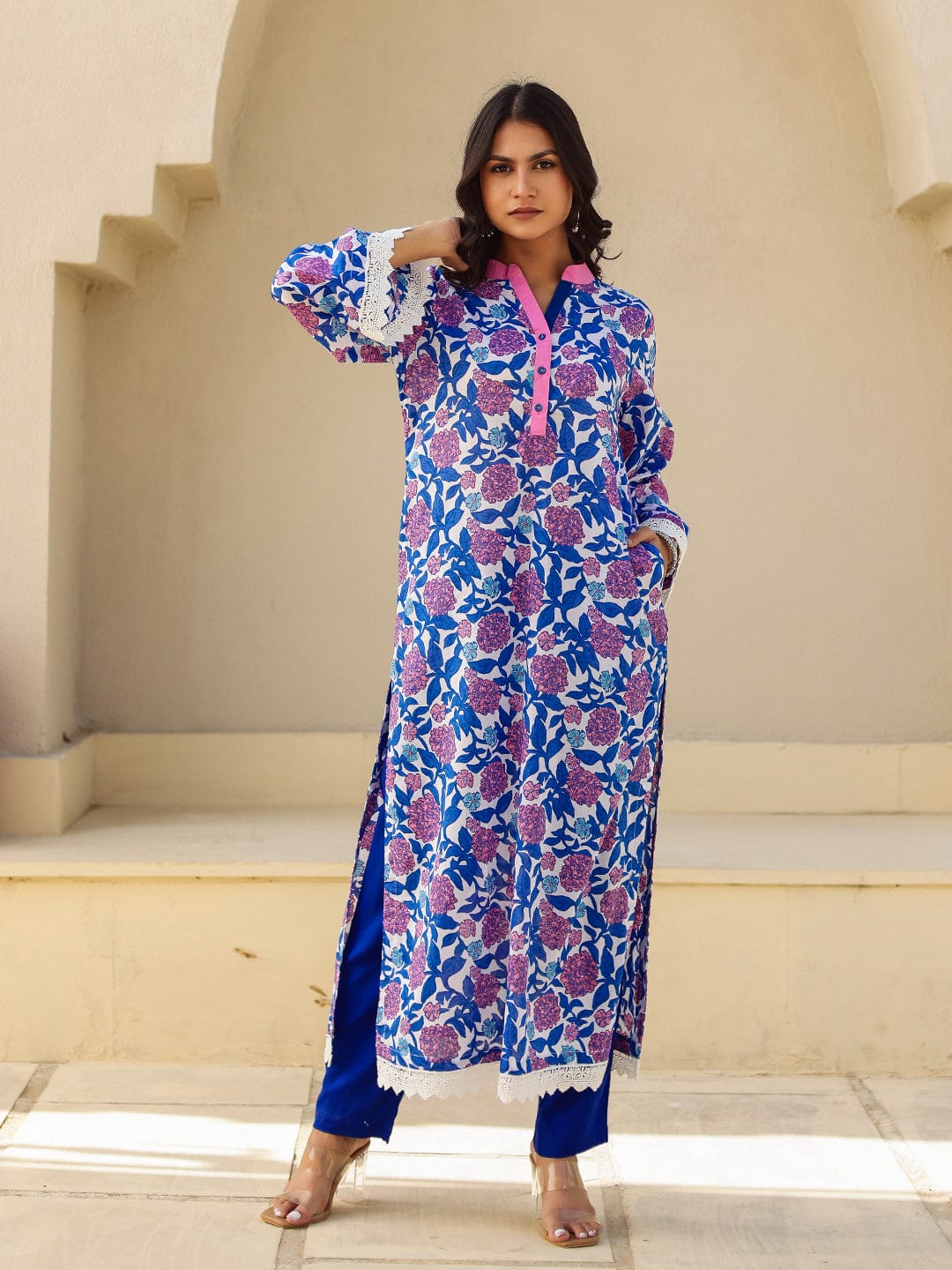 The Kaftan Company Kurta Royal Blue Floral Print Cotton Kurta with Contrast Placket