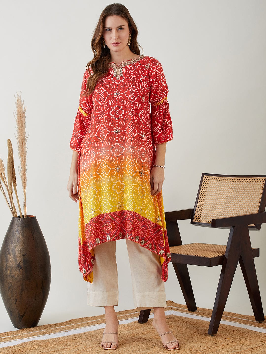 The Kaftan Company Kurta Sacred Red Bandhini Hand Embroidered Kurta
