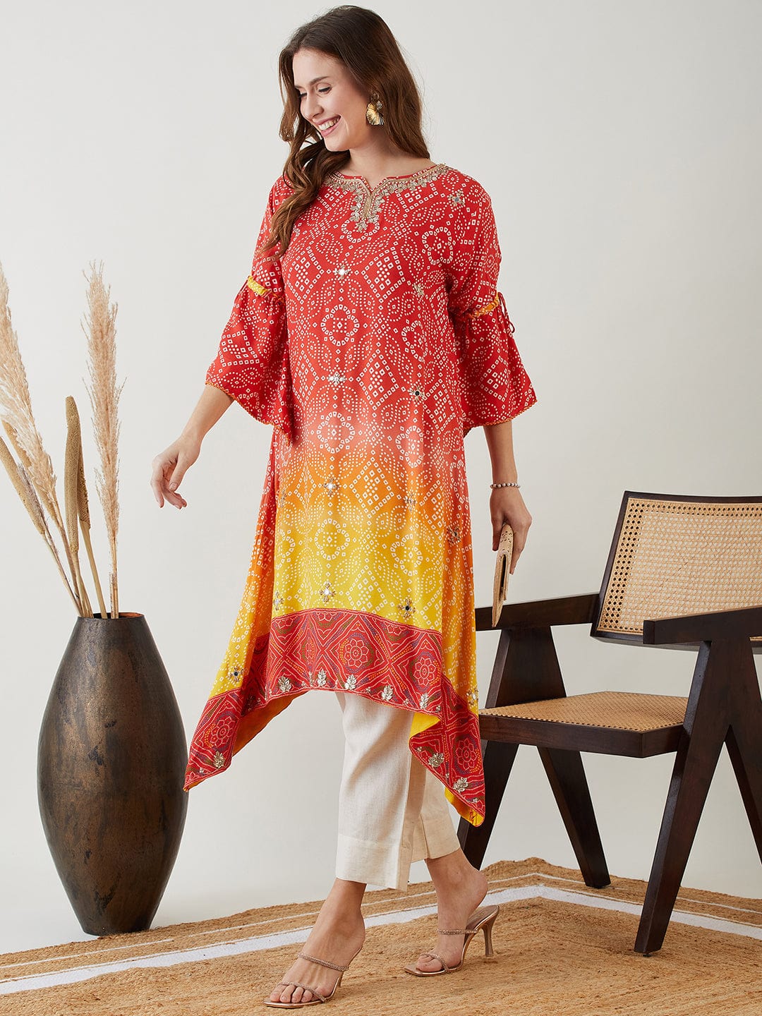 The Kaftan Company Kurta Sacred Red Bandhini Hand Embroidered Kurta