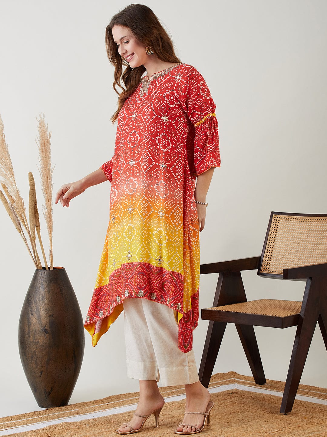 The Kaftan Company Kurta Sacred Red Bandhini Hand Embroidered Kurta