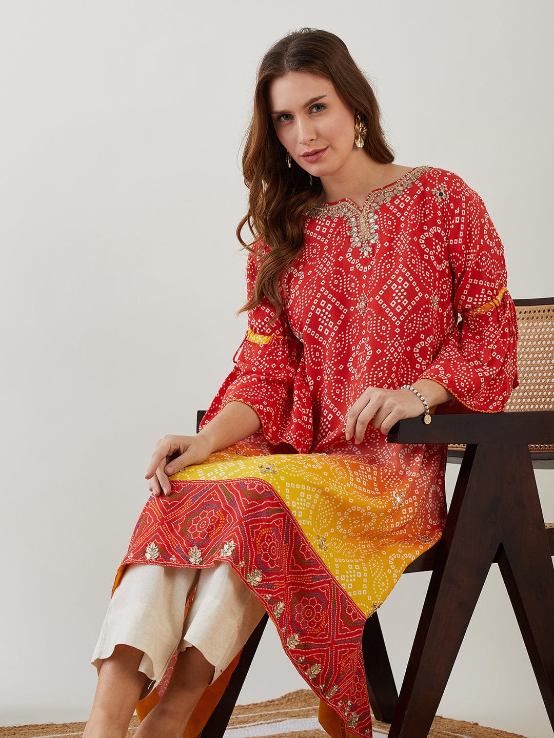 The Kaftan Company Kurta Sacred Red Bandhini Hand Embroidered Kurta