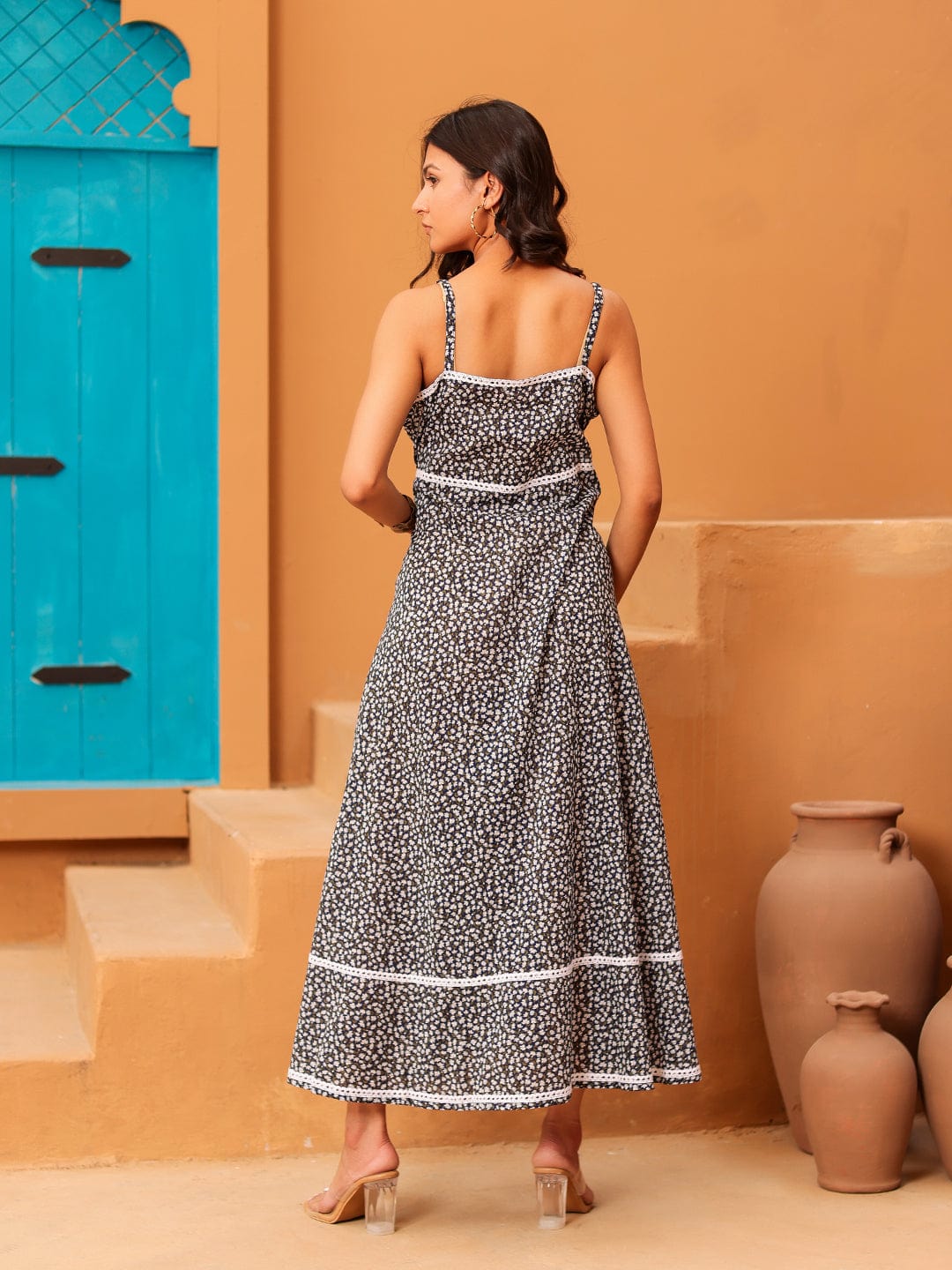 The Kaftan Company Kurta Sets Black Floral Print Cotton Sundress with White Trim