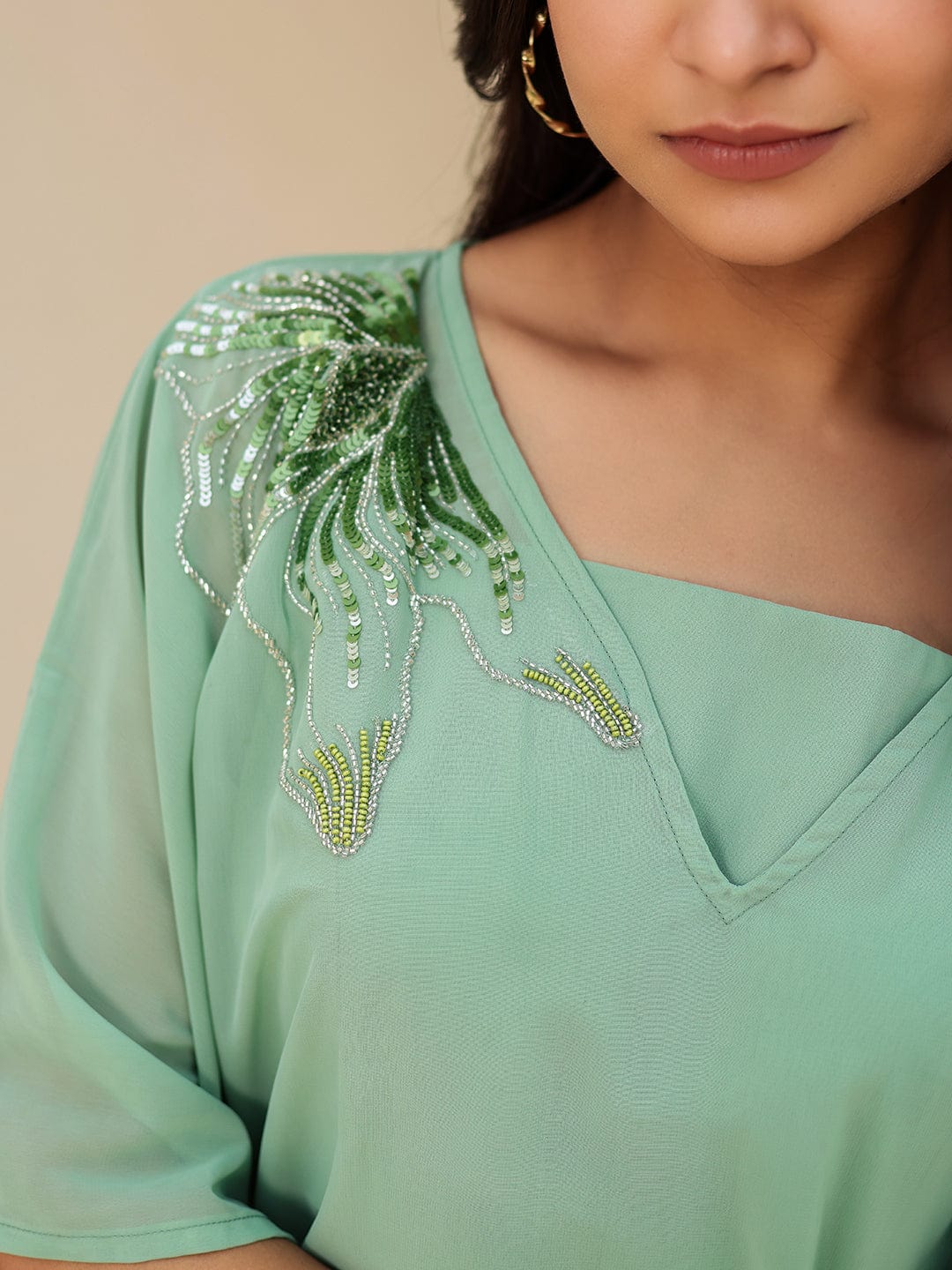 The Kaftan Company Kurta Sets Green Hand Embroidered Georgette Kaftan Kurta Set