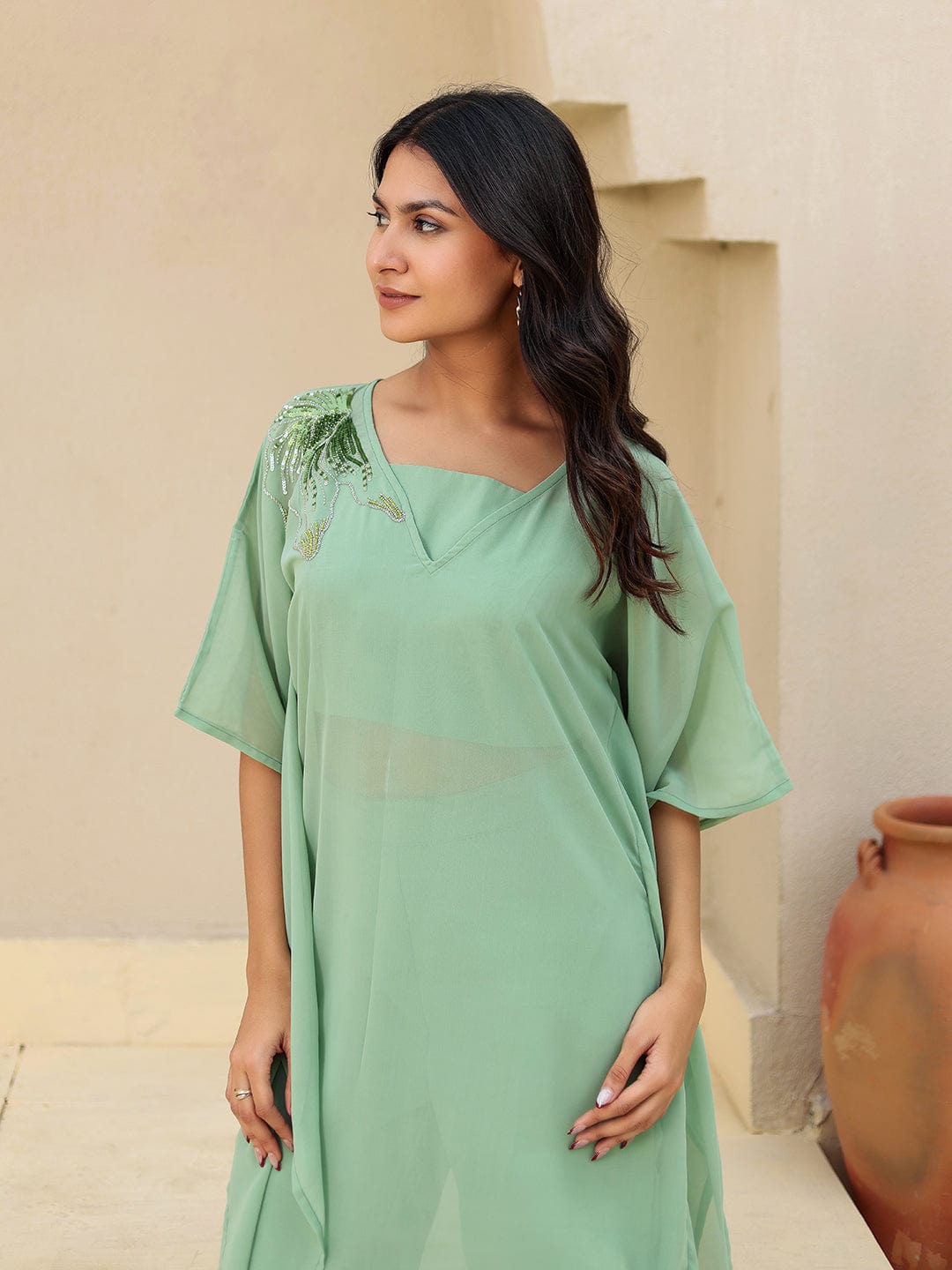 The Kaftan Company Kurta Sets Green Hand Embroidered Georgette Kaftan Kurta Set