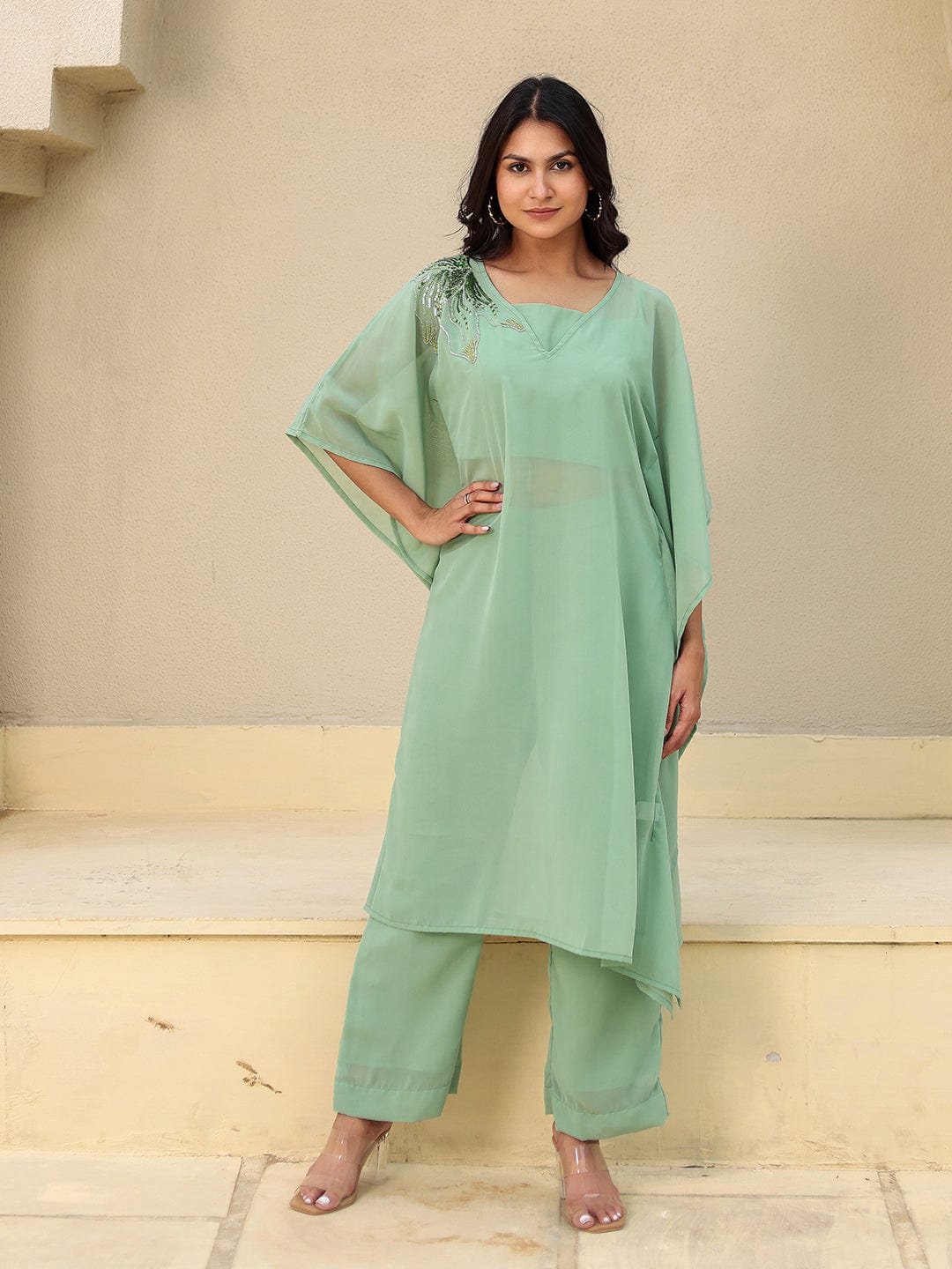 The Kaftan Company Kurta Sets Green Hand Embroidered Georgette Kaftan Kurta Set