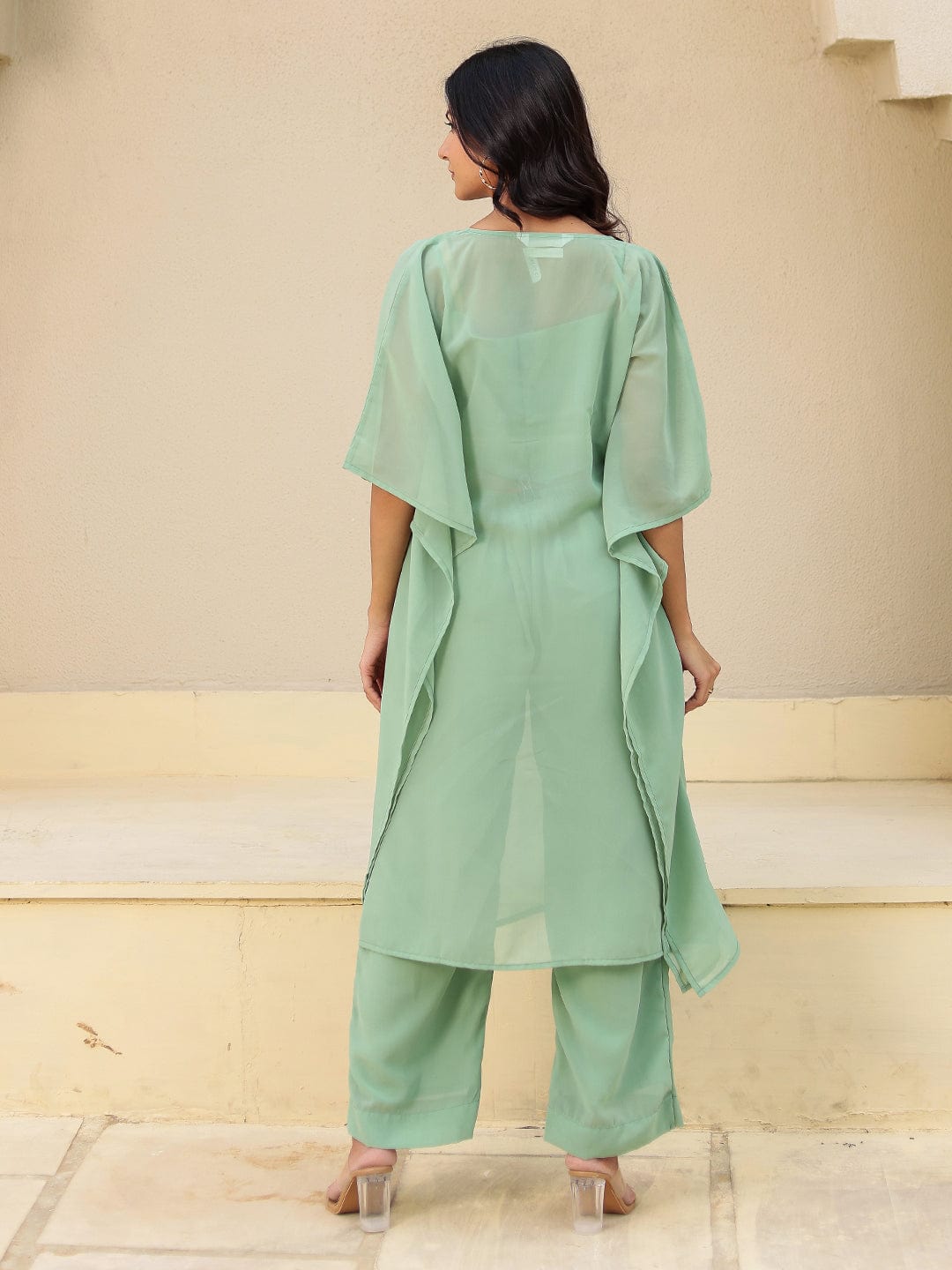 The Kaftan Company Kurta Sets Green Hand Embroidered Georgette Kaftan Kurta Set