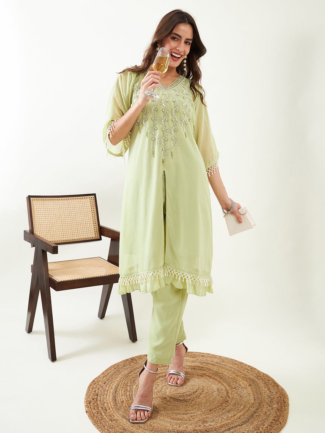 The Kaftan Company Kurta Sets Light Green Hand Embroidred Party Kaftan with Slip and Pants
