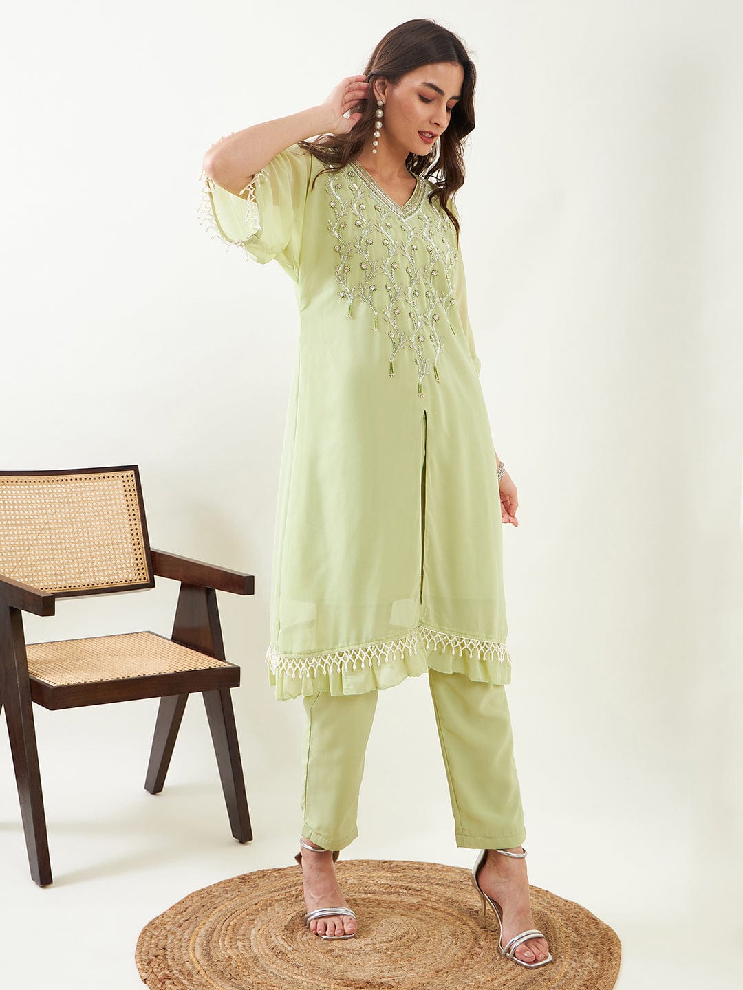 The Kaftan Company Kurta Sets Light Green Hand Embroidred Party Kaftan with Slip and Pants