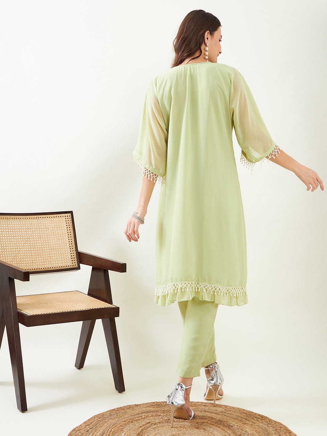 The Kaftan Company Kurta Sets Light Green Hand Embroidred Party Kaftan with Slip and Pants