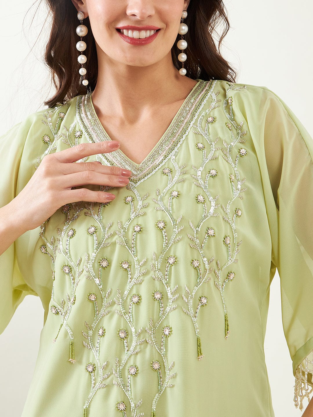 The Kaftan Company Kurta Sets Light Green Hand Embroidred Party Kaftan with Slip and Pants