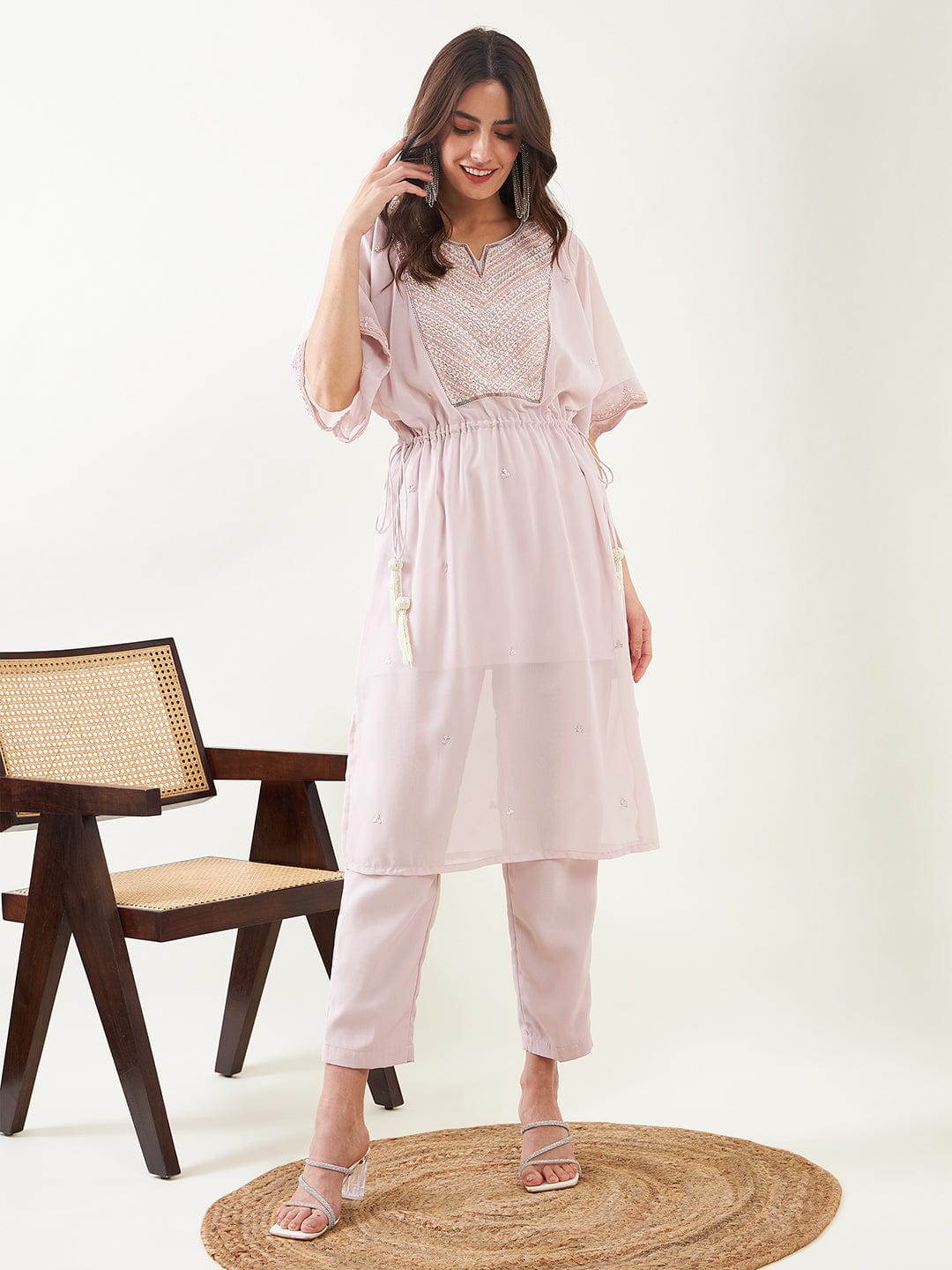 The Kaftan Company Kurta Sets Lilac Hand Embroidered Kaftan Kurta with Pants and Slip
