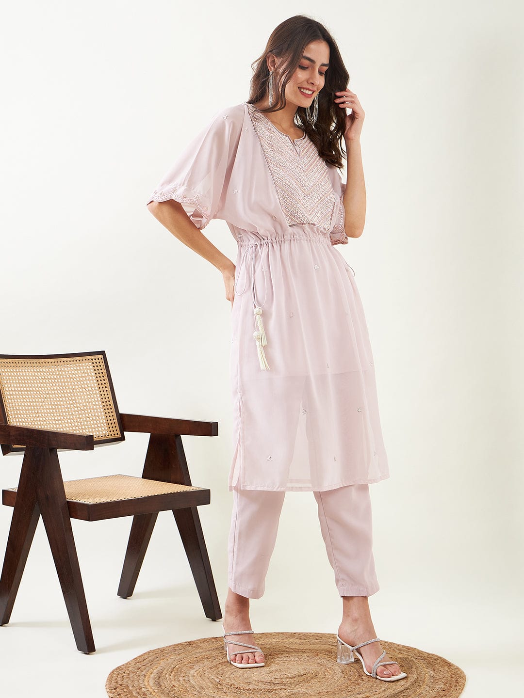 The Kaftan Company Kurta Sets Lilac Hand Embroidered Kaftan Kurta with Pants and Slip