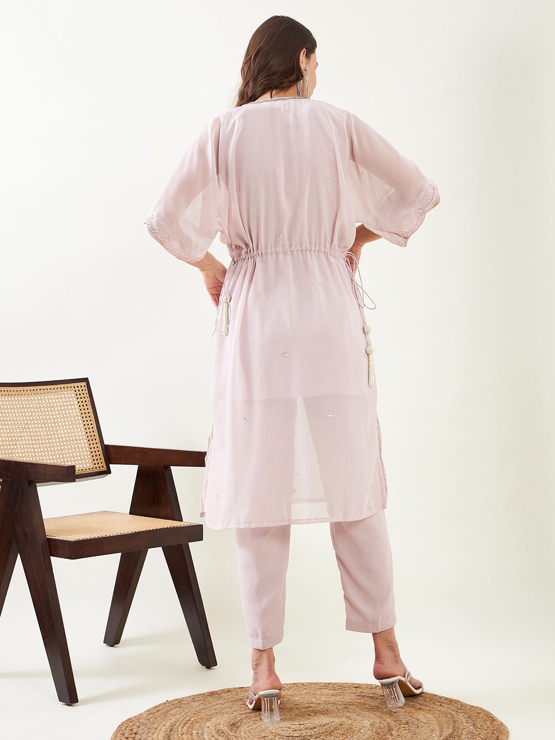 The Kaftan Company Kurta Sets Lilac Hand Embroidered Kaftan Kurta with Pants and Slip