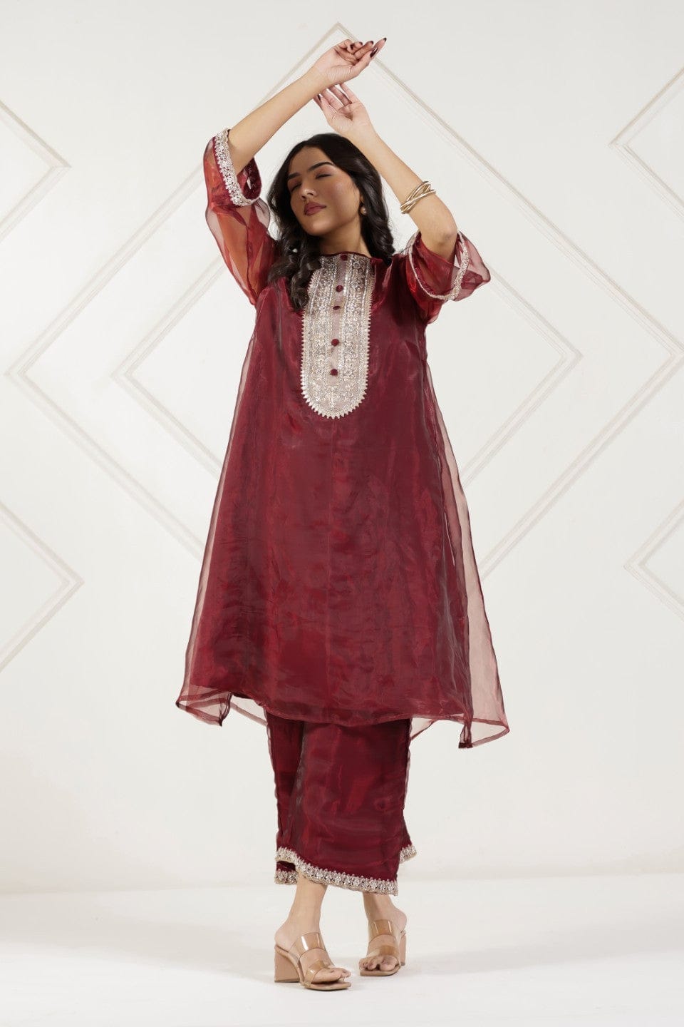 The Kaftan Company Kurta Sets Maroon Tissue Silk Embroidered Kurta Set