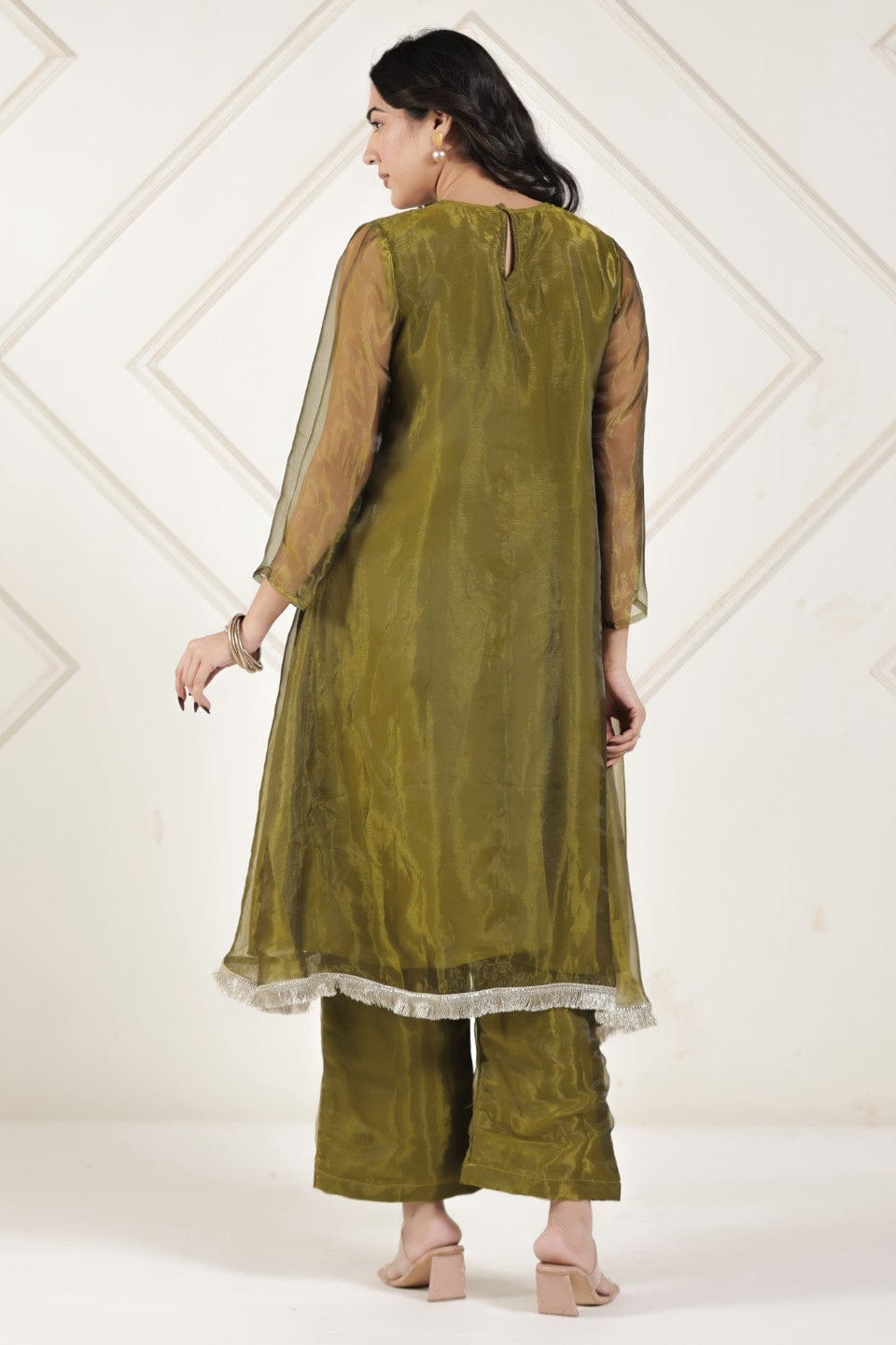 The Kaftan Company Kurta Sets Olive Green Tissue Silk Embroidered Coord Set