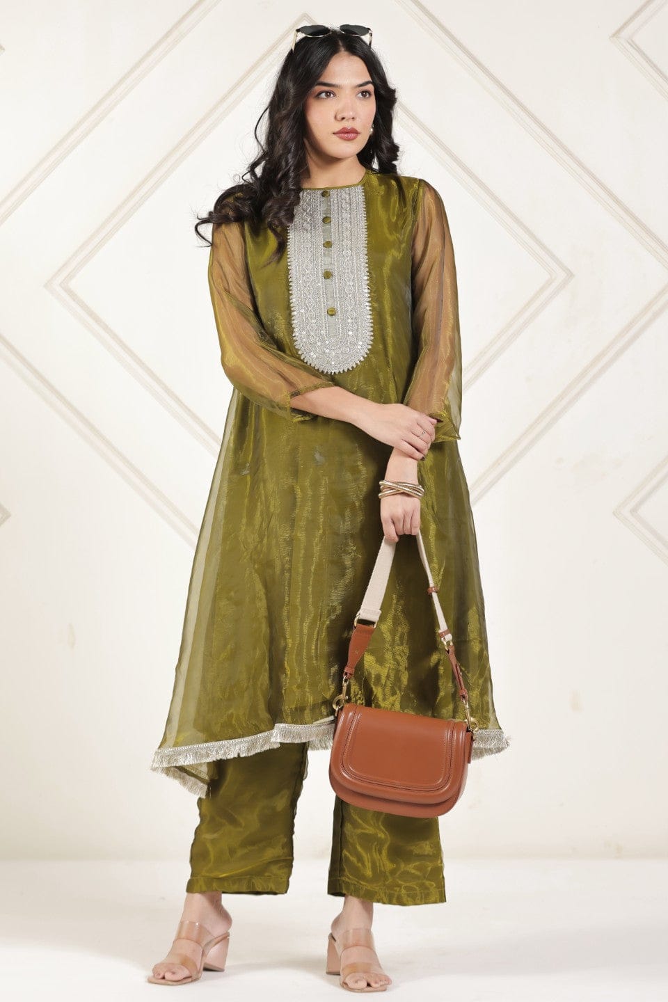The Kaftan Company Kurta Sets Olive Green Tissue Silk Embroidered Coord Set