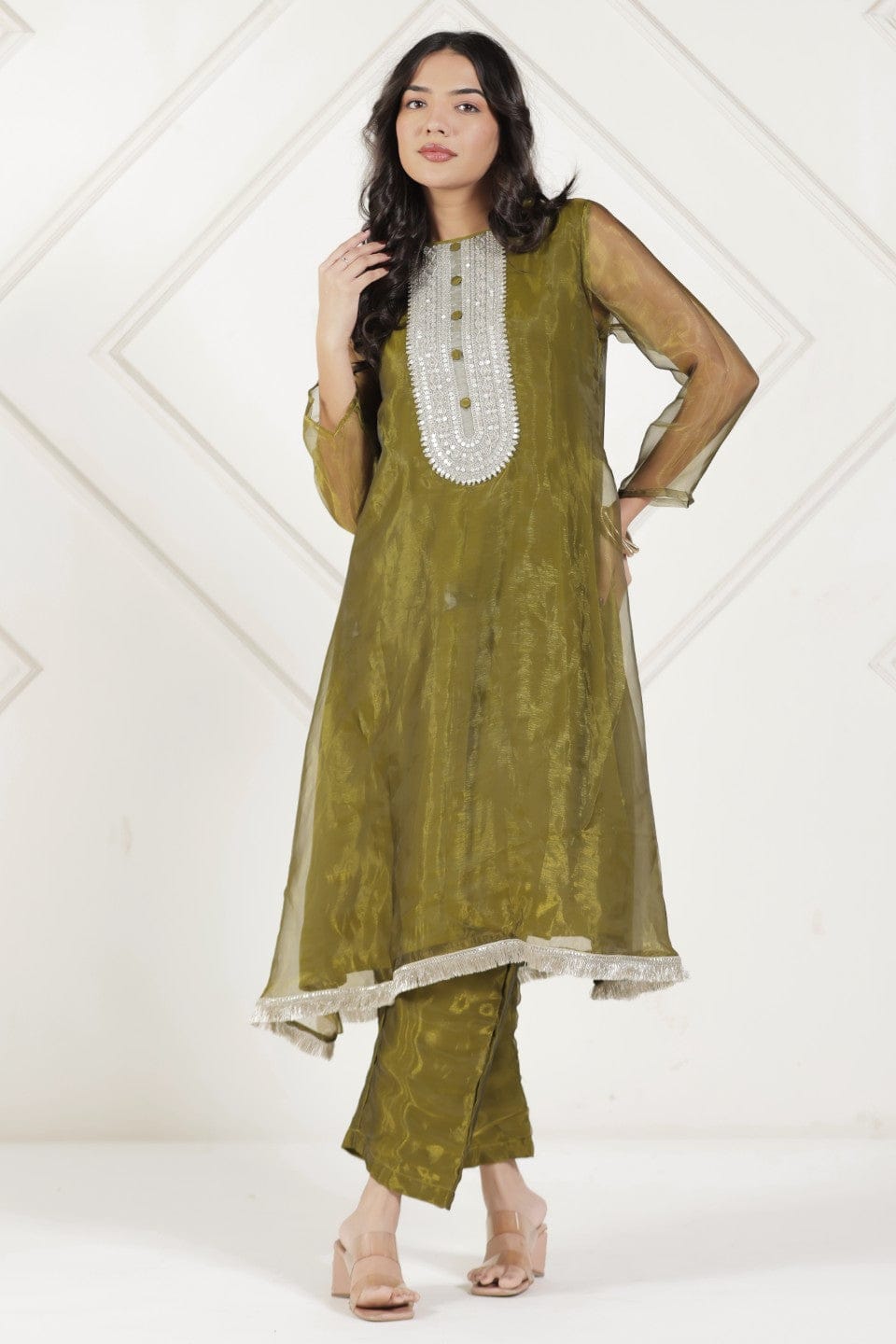The Kaftan Company Kurta Sets Olive Green Tissue Silk Embroidered Coord Set