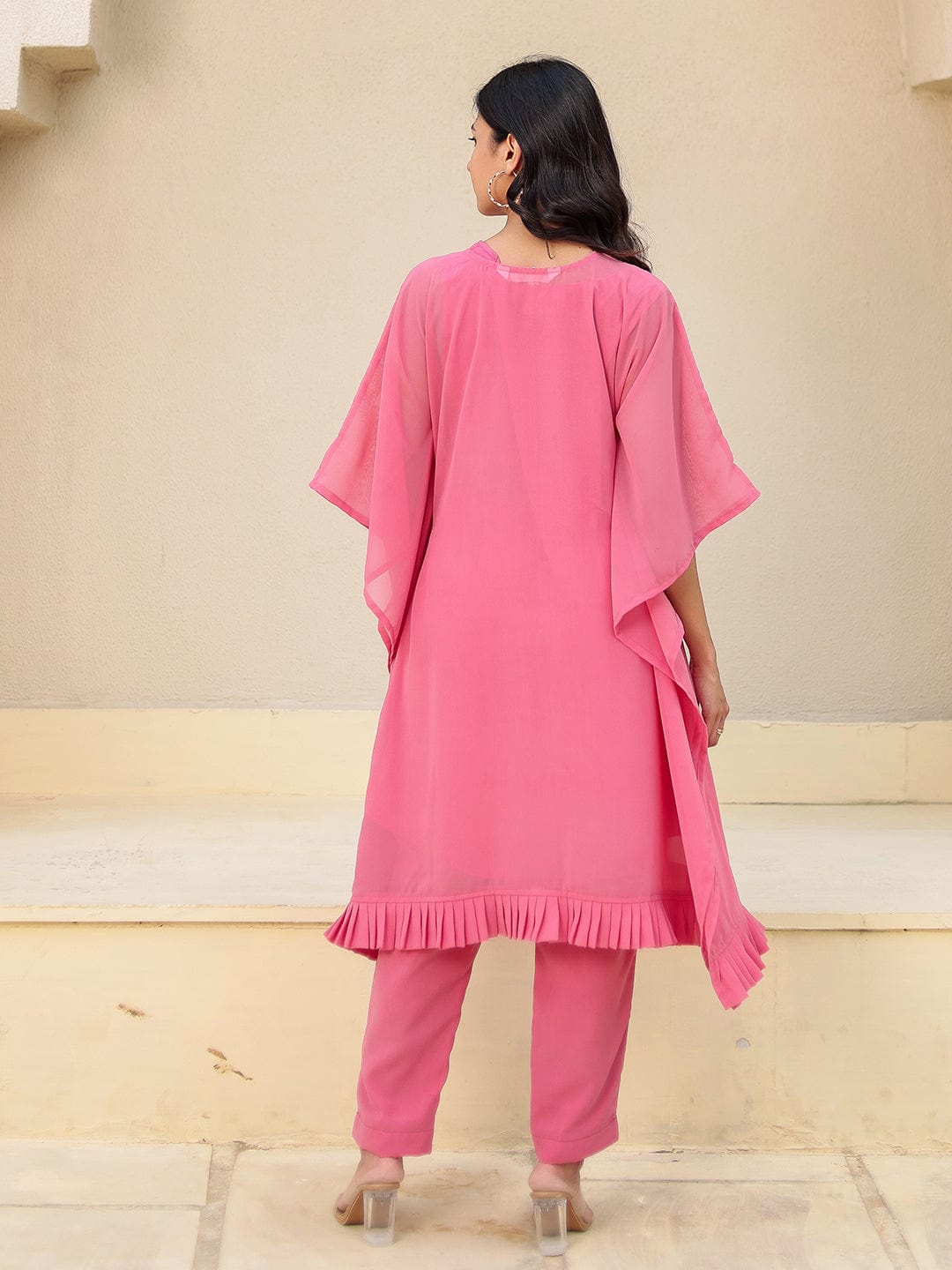 The Kaftan Company Kurta Sets Pink Hand Embroidered Georgette Kaftan Kurta Set