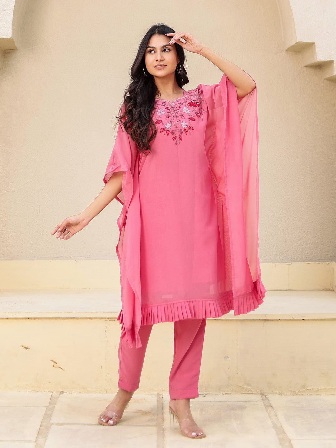 The Kaftan Company Kurta Sets Pink Hand Embroidered Georgette Kaftan Kurta Set