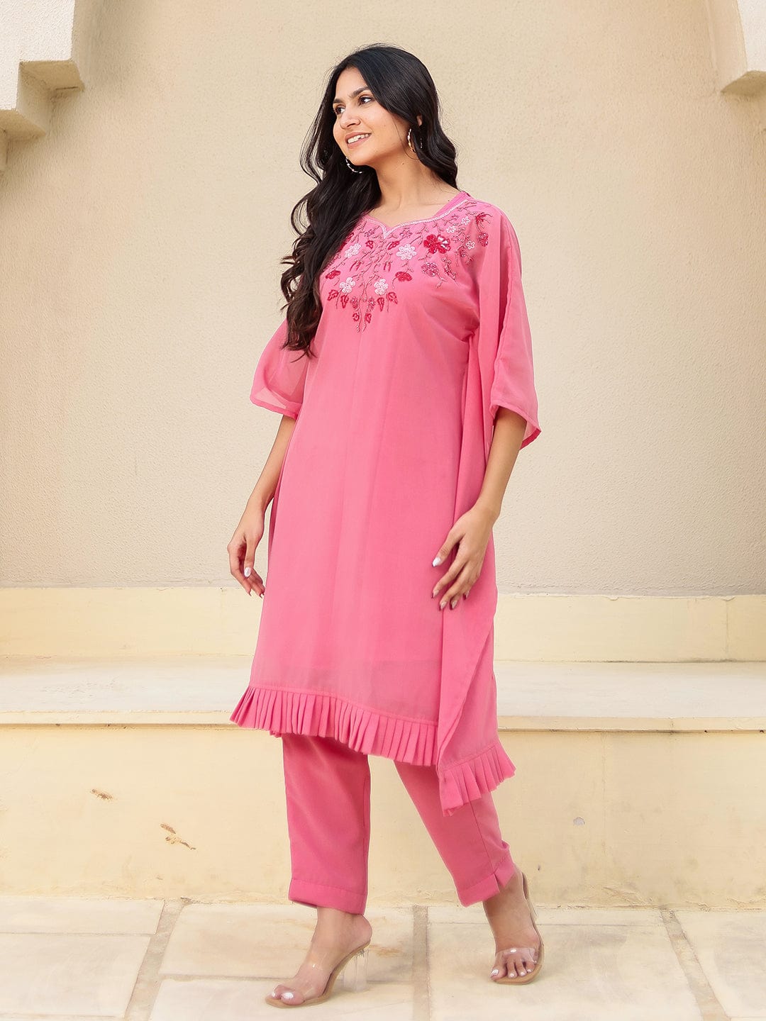 The Kaftan Company Kurta Sets Pink Hand Embroidered Georgette Kaftan Kurta Set