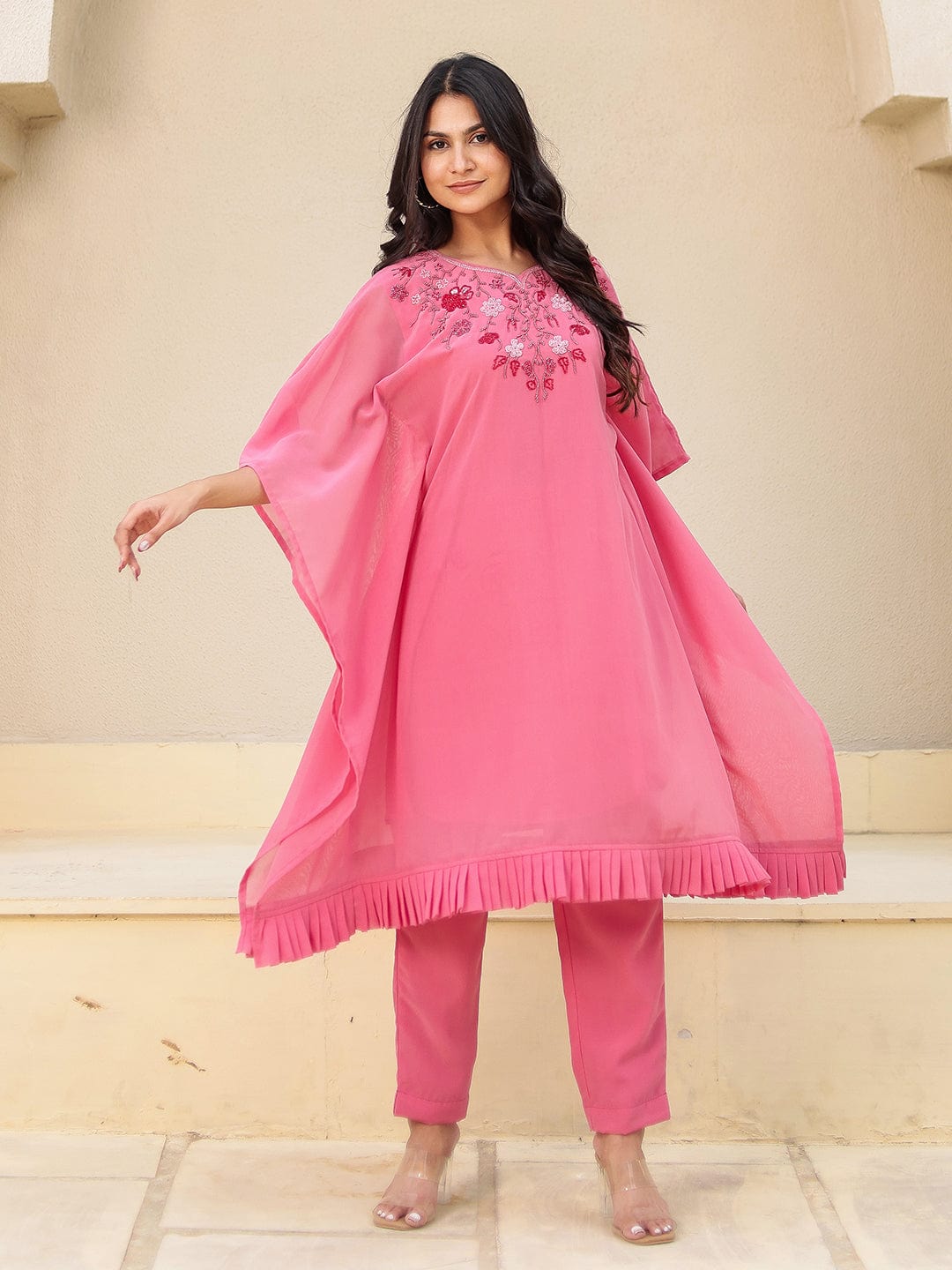 The Kaftan Company Kurta Sets Pink Hand Embroidered Georgette Kaftan Kurta Set